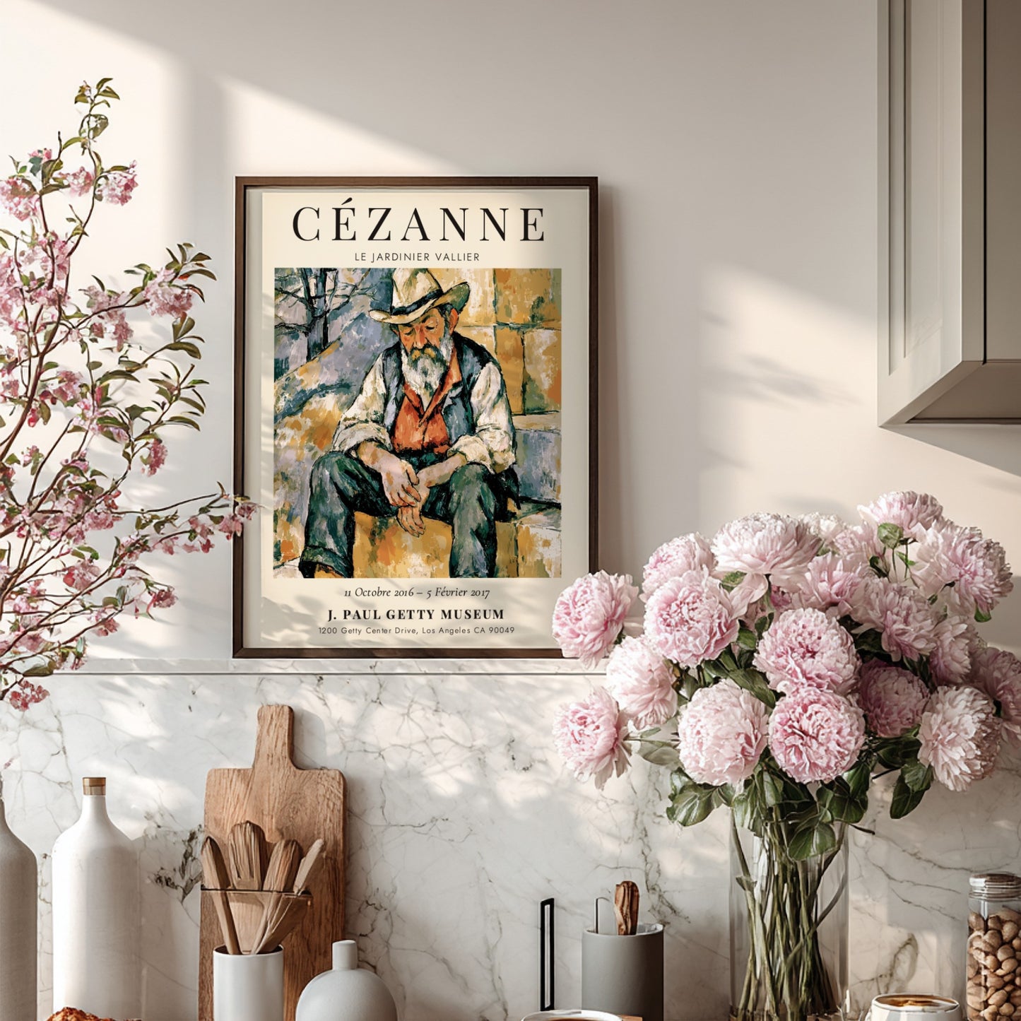 Cézanne exhibition poster featuring Le Jardinier Vallier in warm tones and expressive brushwork