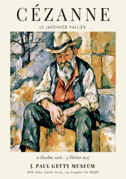 Cézanne exhibition poster featuring Le Jardinier Vallier in warm tones and expressive brushwork