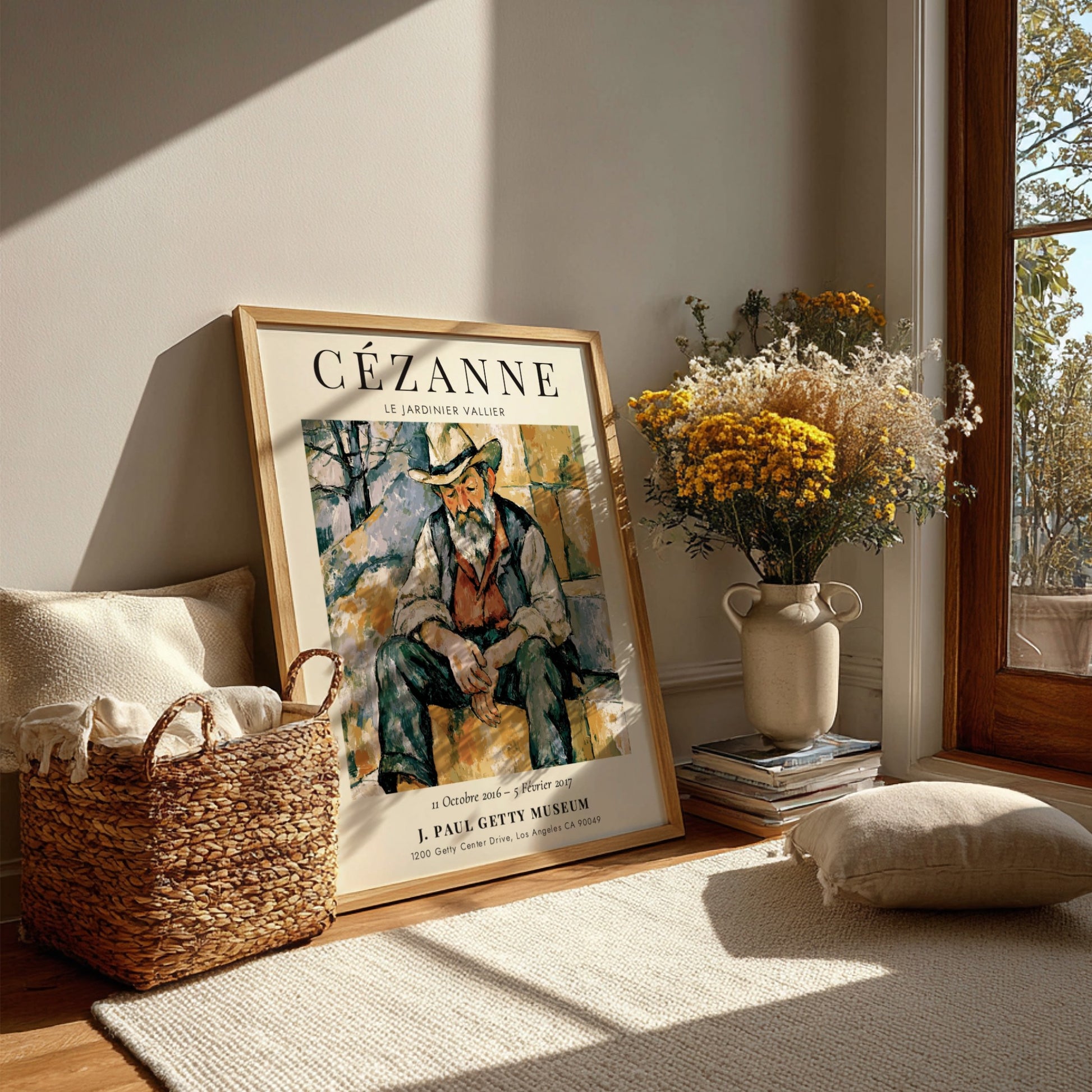 Cézanne exhibition poster featuring Le Jardinier Vallier in warm tones and expressive brushwork