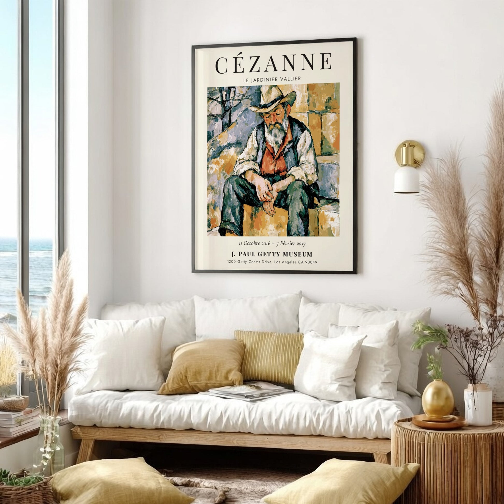 Cézanne exhibition poster featuring Le Jardinier Vallier in warm tones and expressive brushwork