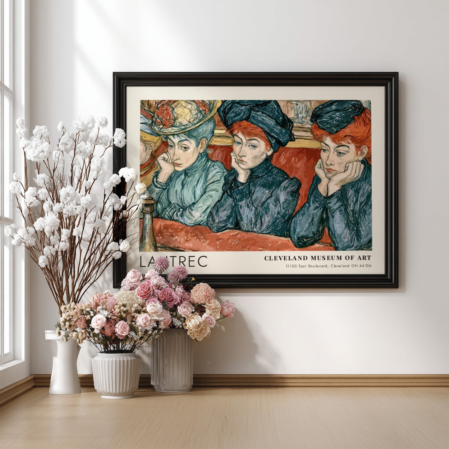 Wall art poster featuring three women in blue clothing by artist Henri de Lautrec