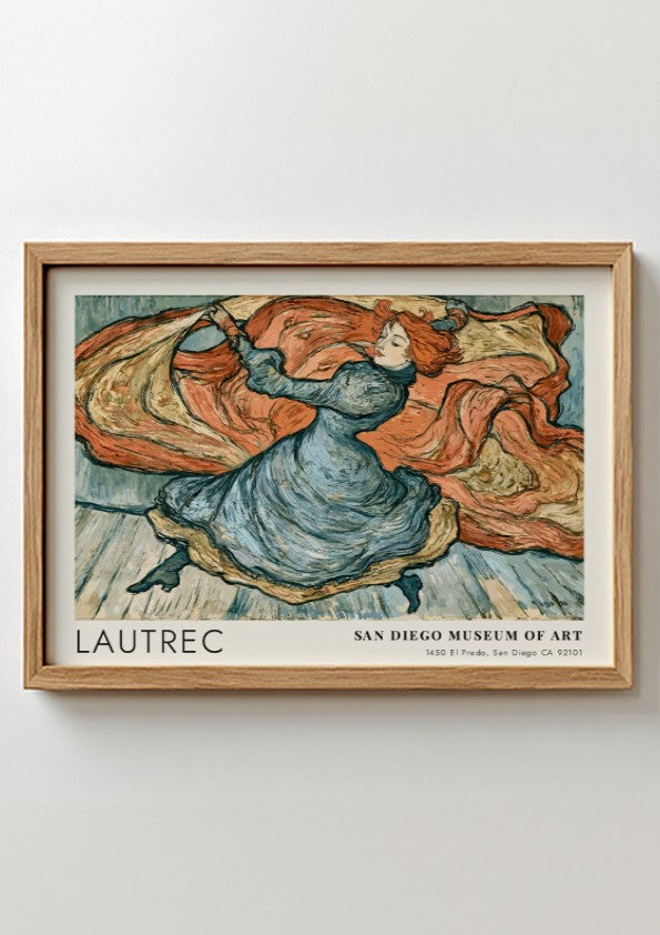 Wall art poster of a Toulouse-Lautrec dancer sketch in blue and terracotta tones.