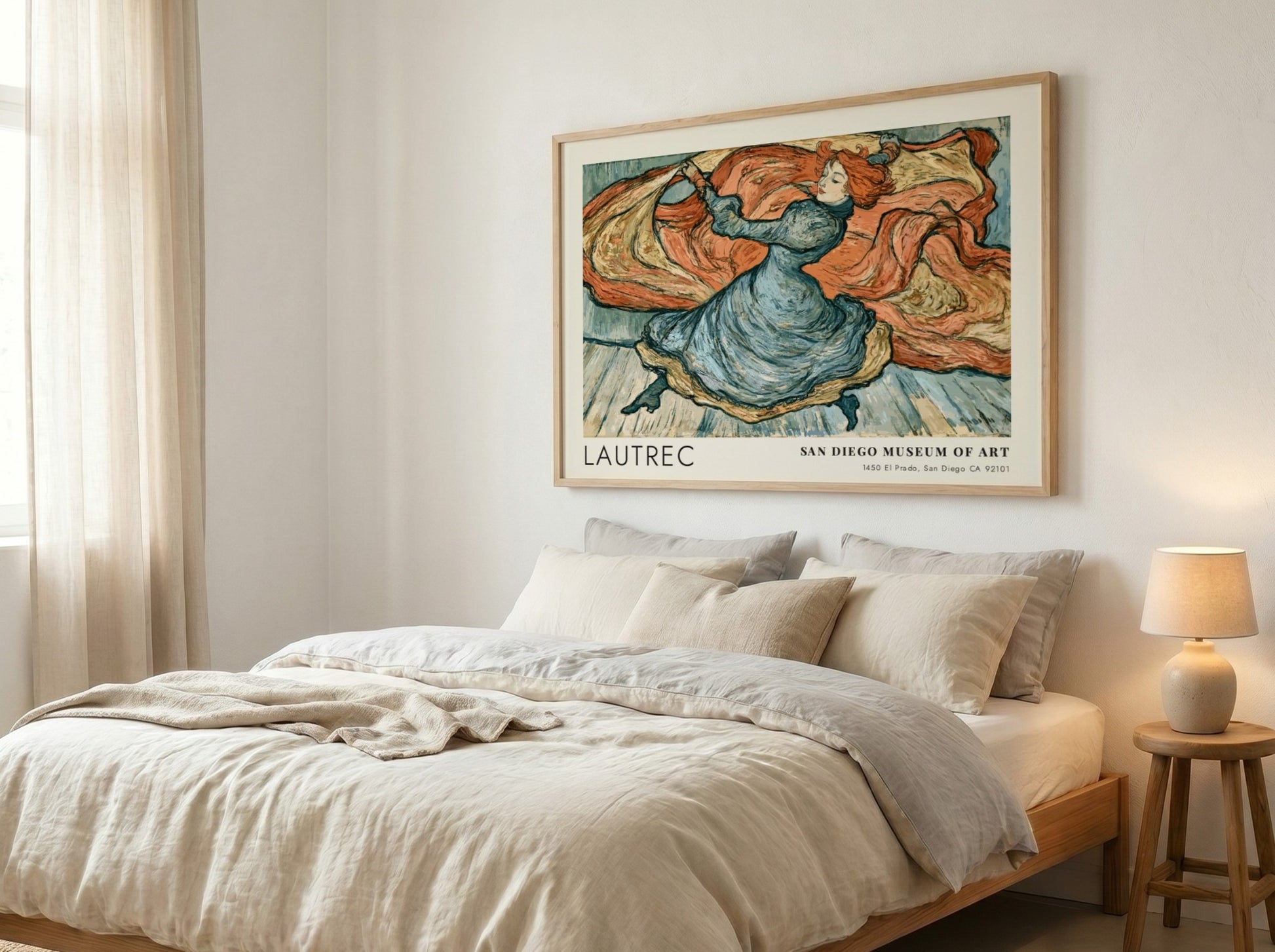 Wall art poster of a Toulouse-Lautrec dancer sketch in blue and terracotta tones.