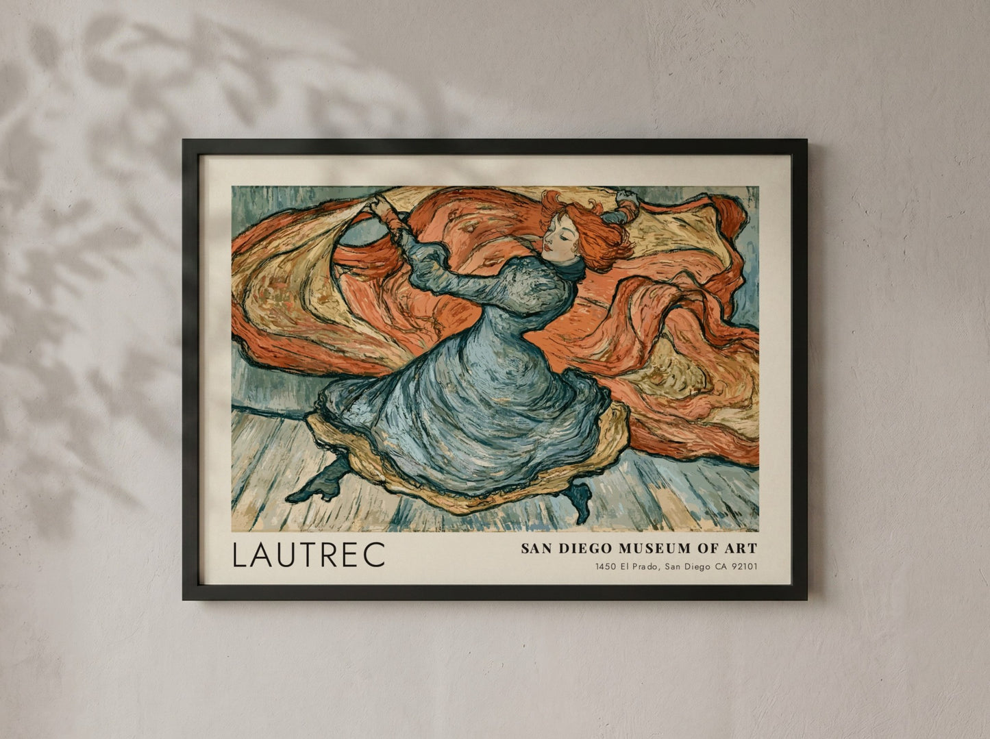 Wall art poster of a Toulouse-Lautrec dancer sketch in blue and terracotta tones.