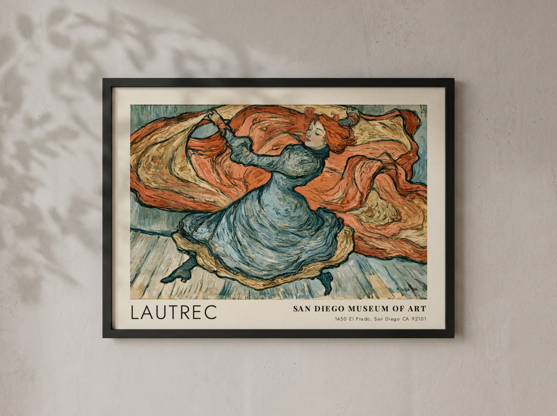 Wall art poster of a Toulouse-Lautrec dancer sketch in blue and terracotta tones.