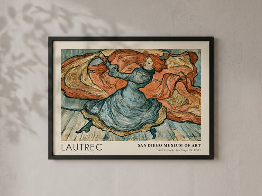 Wall art poster of a Toulouse-Lautrec dancer sketch in blue and terracotta tones.