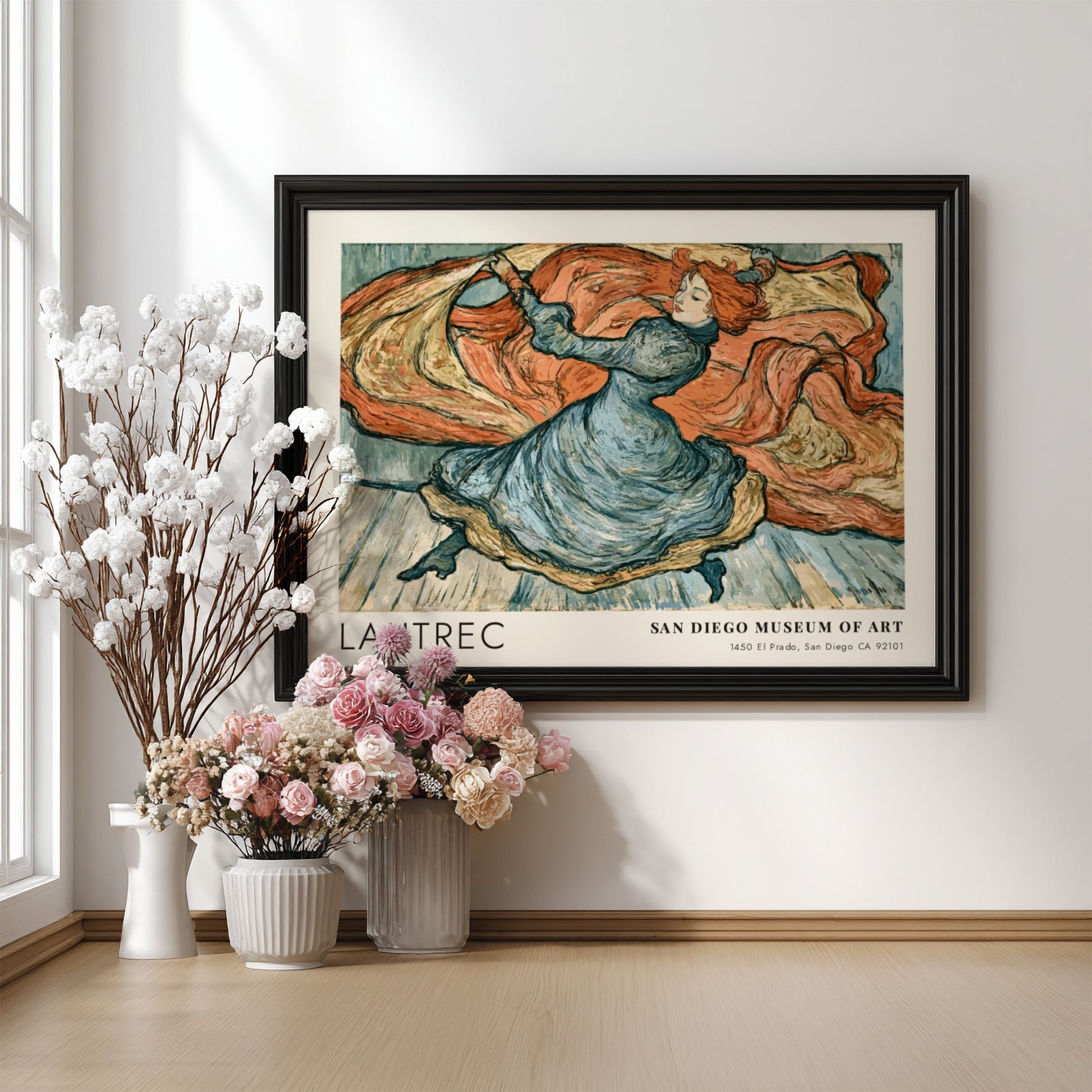 Wall art poster of a Toulouse-Lautrec dancer sketch in blue and terracotta tones.