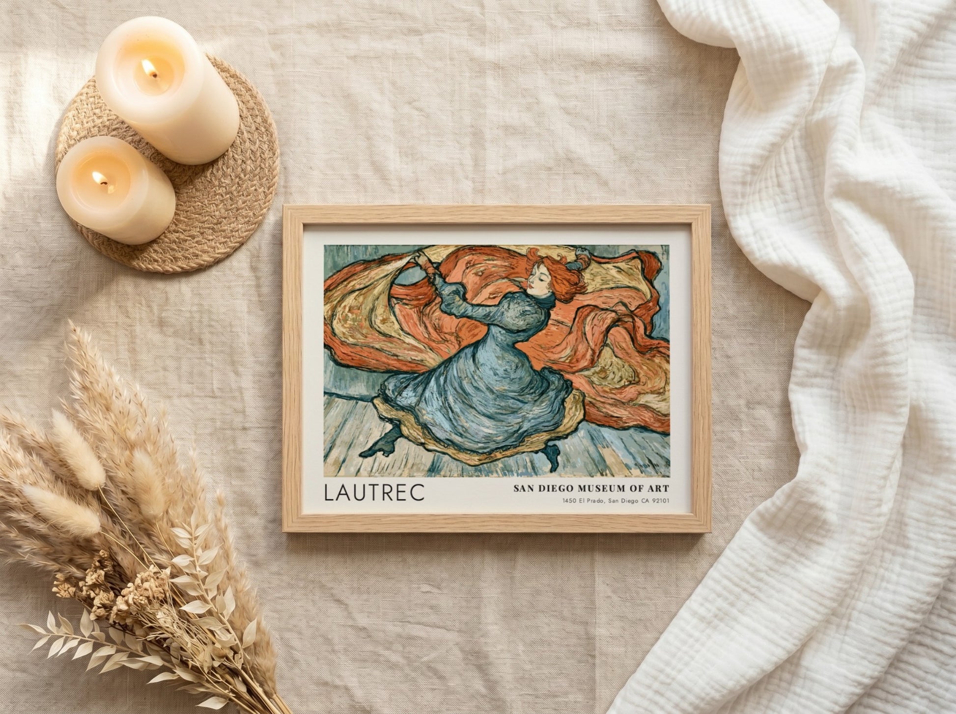 Wall art poster of a Toulouse-Lautrec dancer sketch in blue and terracotta tones.