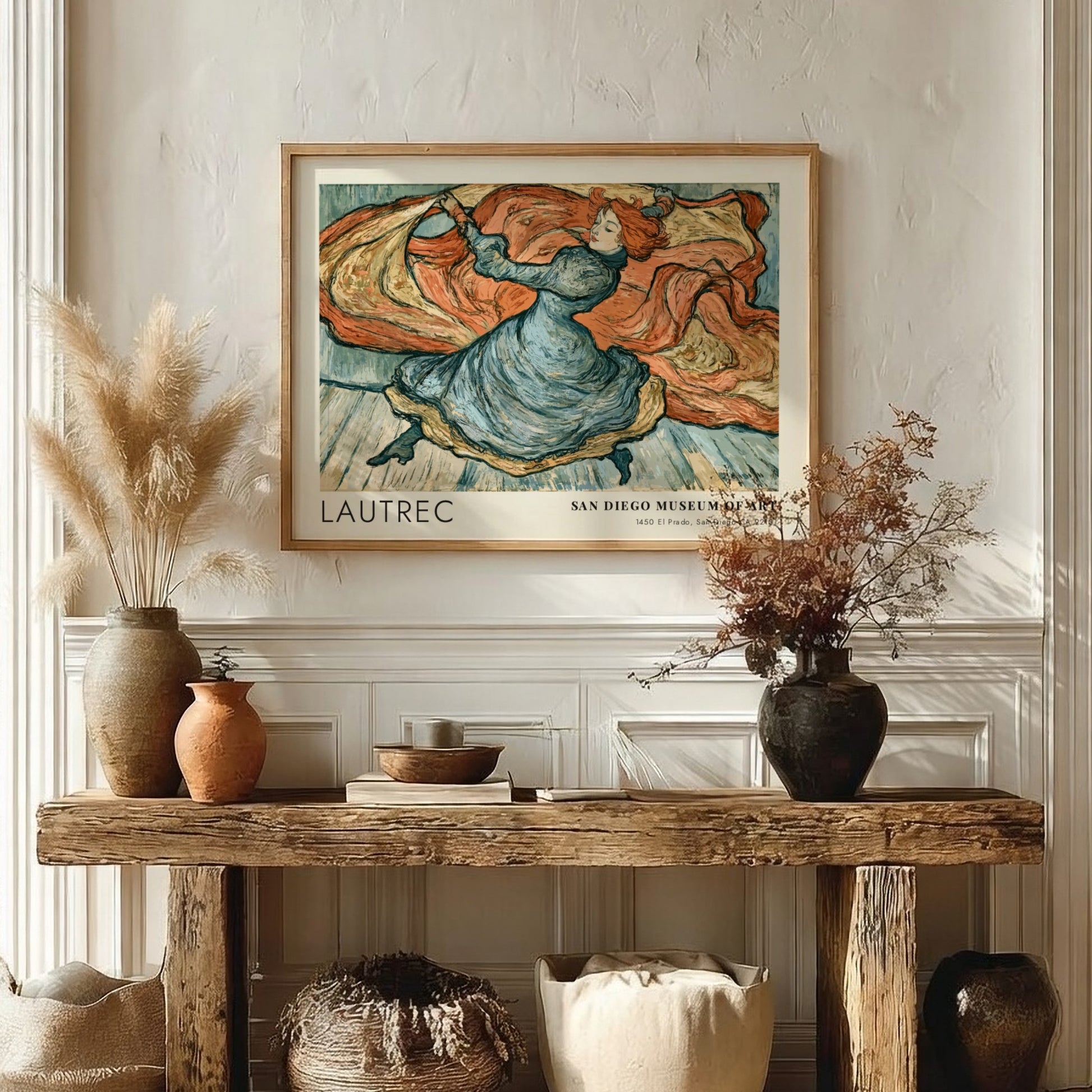 Wall art poster of a Toulouse-Lautrec dancer sketch in blue and terracotta tones.