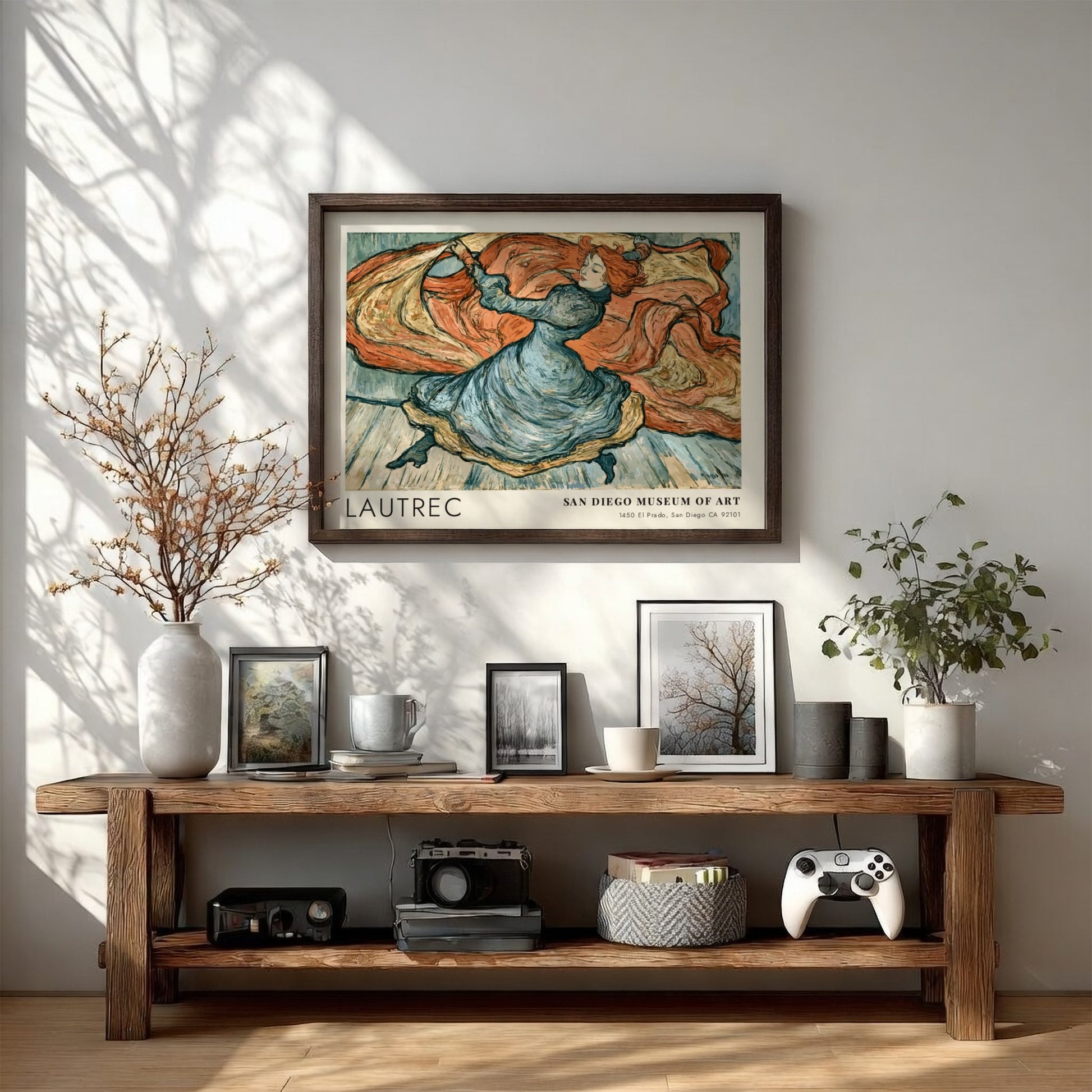 Wall art poster of a Toulouse-Lautrec dancer sketch in blue and terracotta tones.