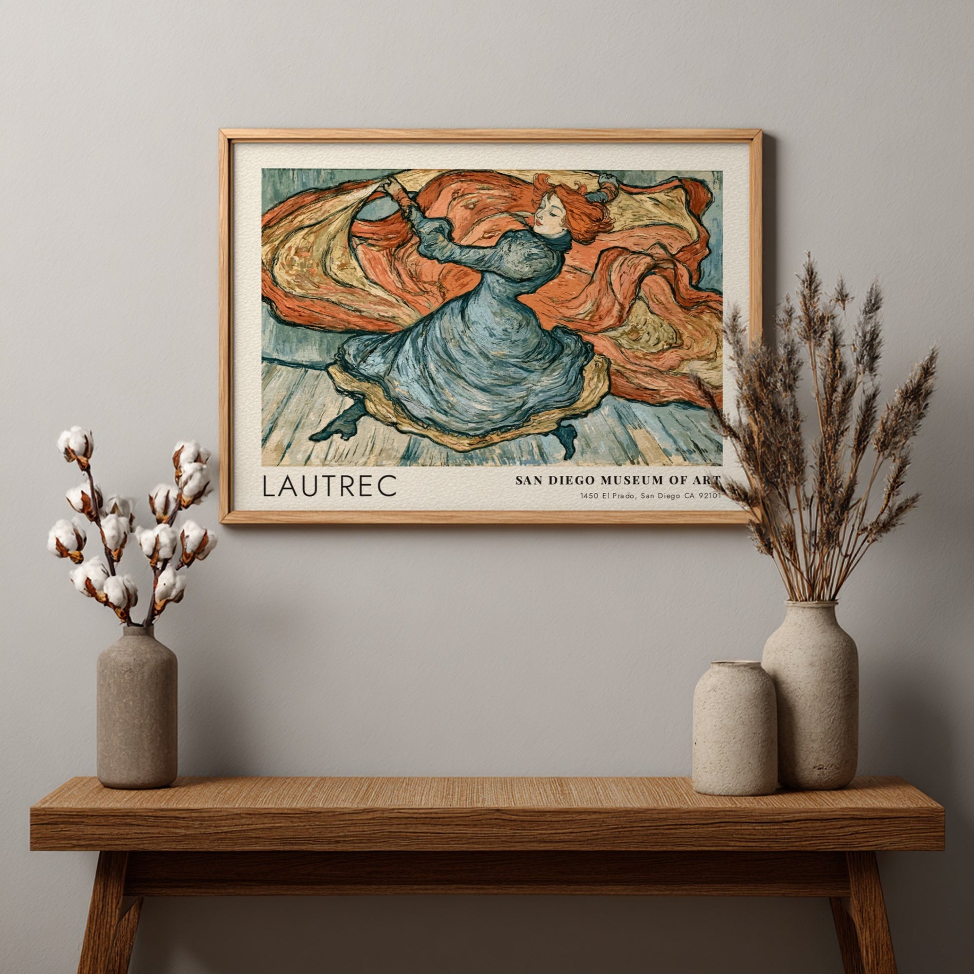 Wall art poster of a Toulouse-Lautrec dancer sketch in blue and terracotta tones.