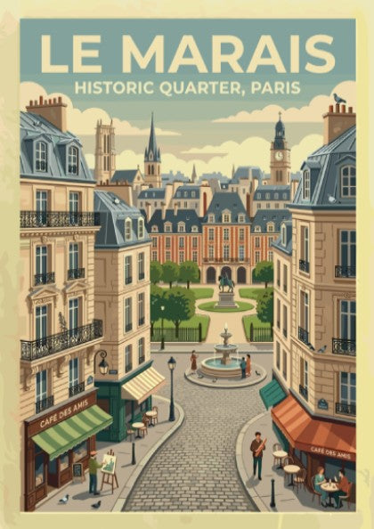 Le Marais travel poster featuring vintage Paris architecture and warm colors