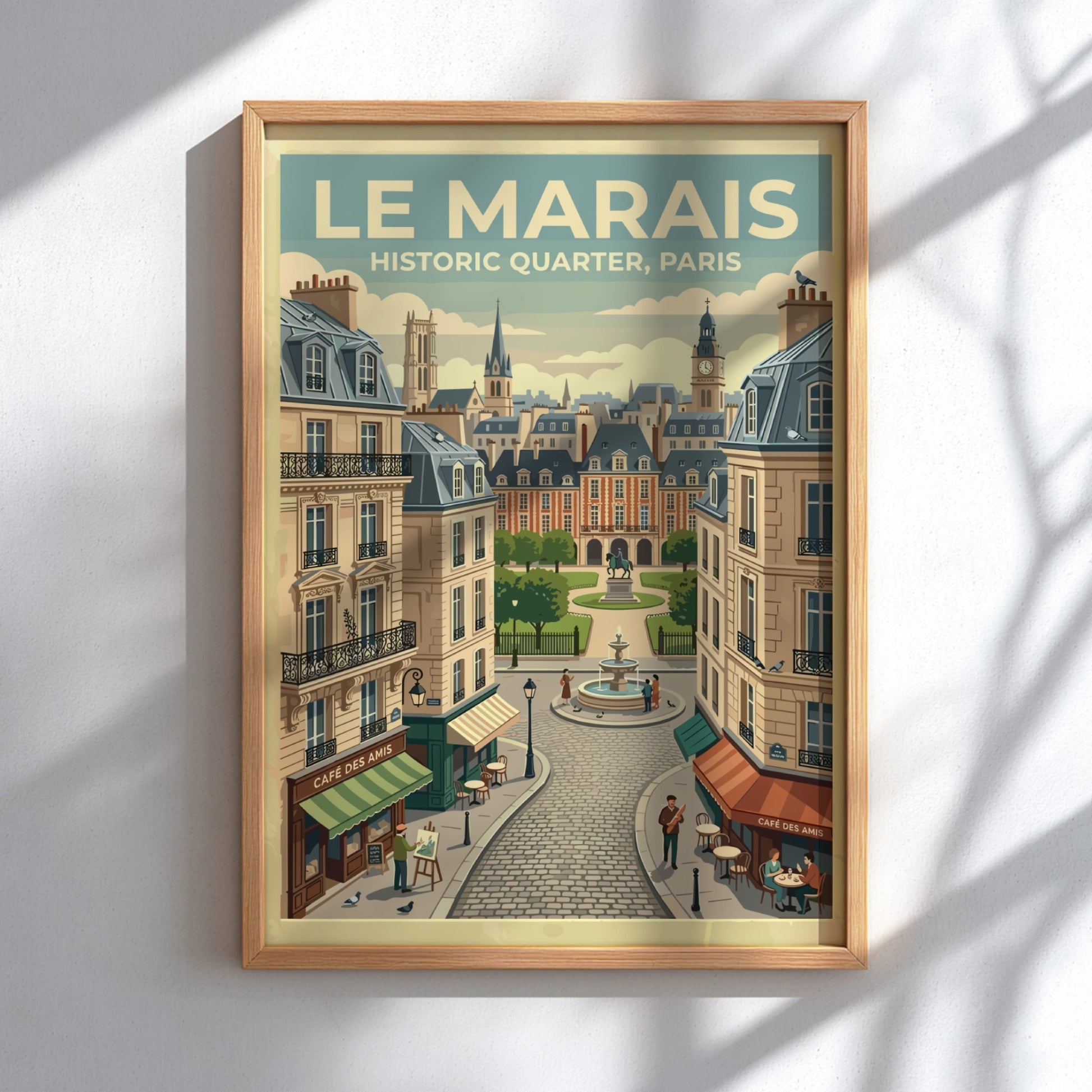 Le Marais travel poster featuring vintage Paris architecture and warm colors