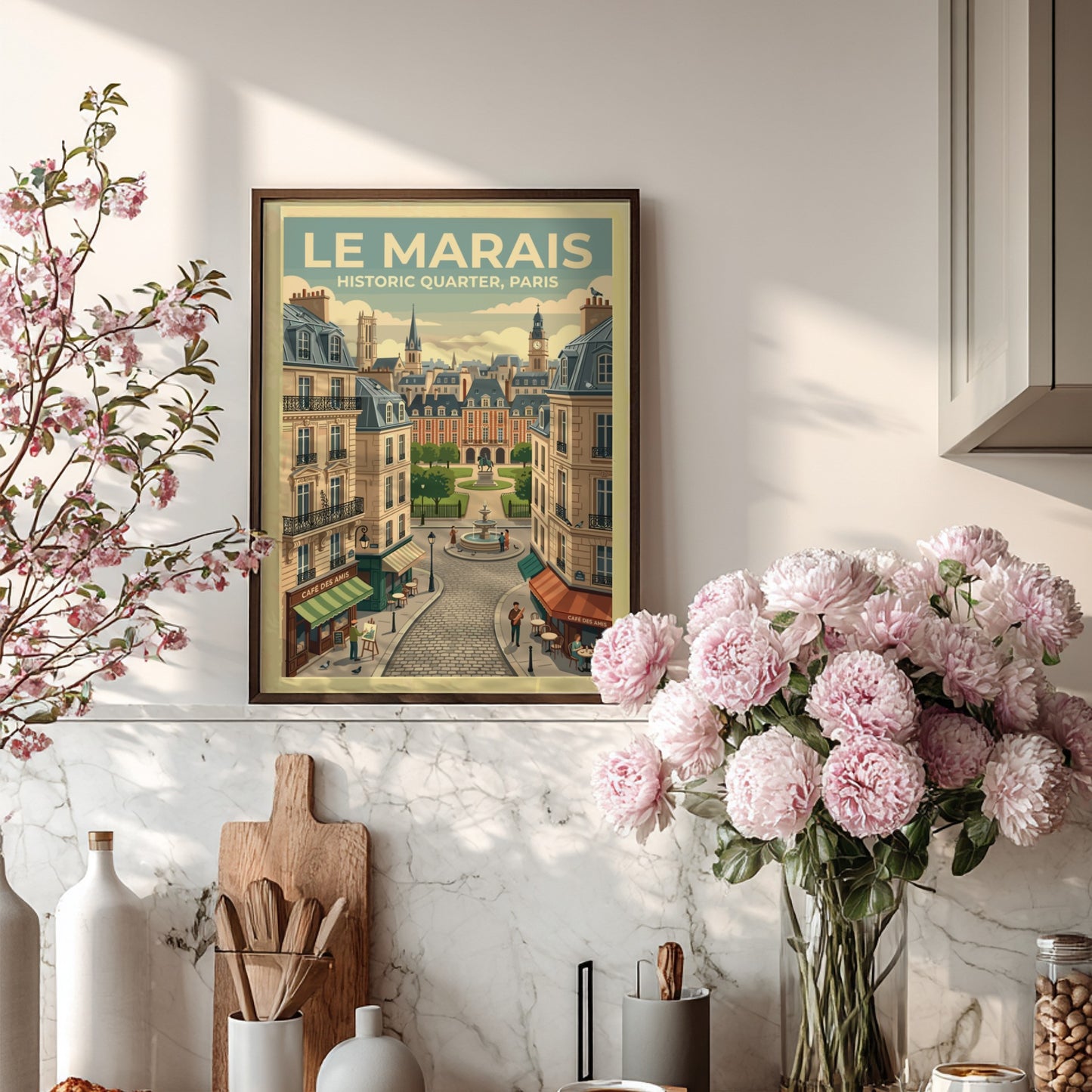 Le Marais travel poster featuring vintage Paris architecture and warm colors