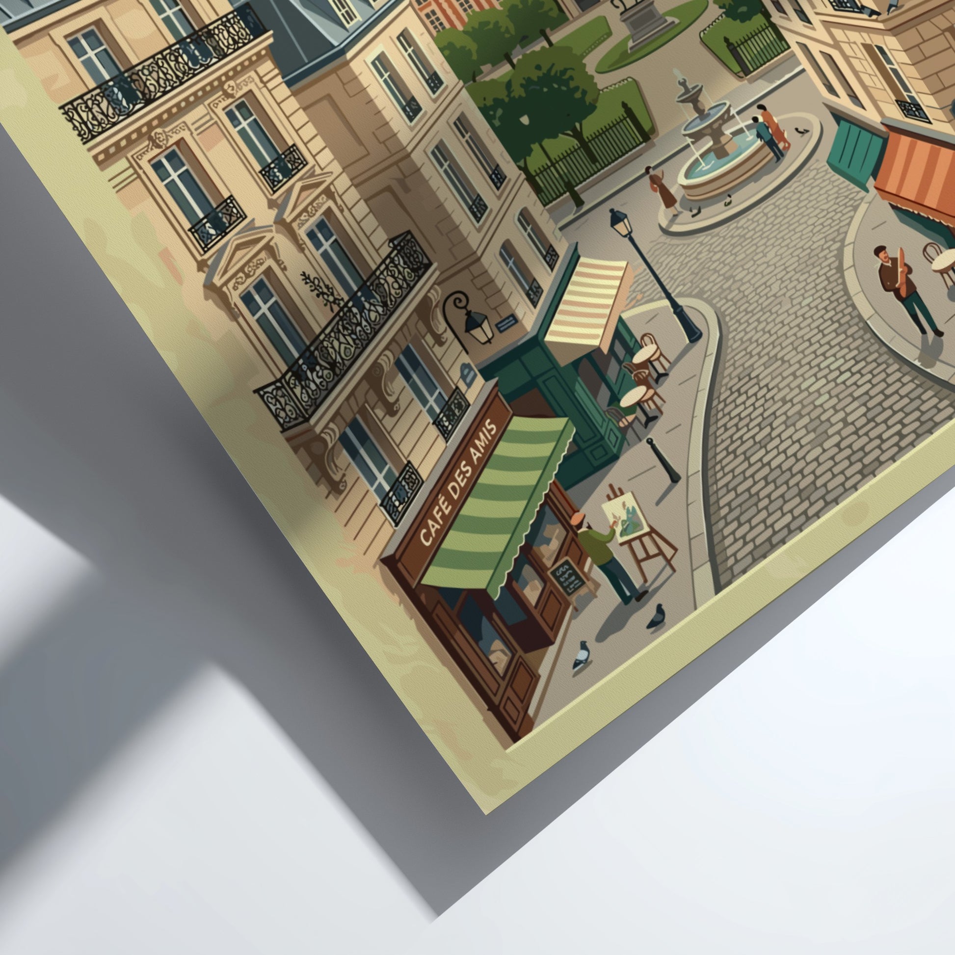 Le Marais travel poster featuring vintage Paris architecture and warm colors
