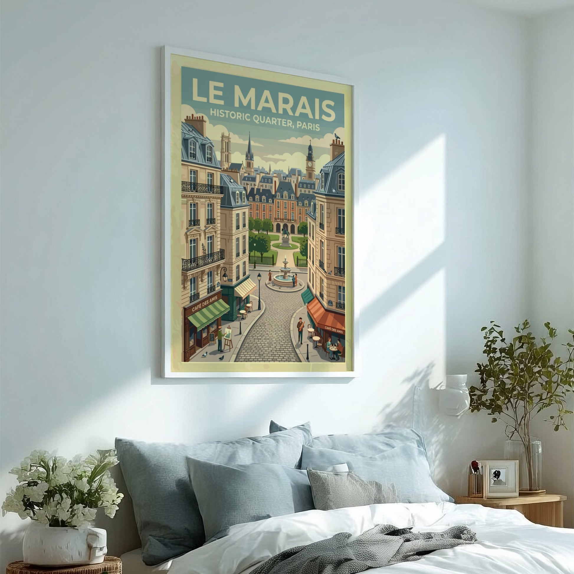 Le Marais travel poster featuring vintage Paris architecture and warm colors