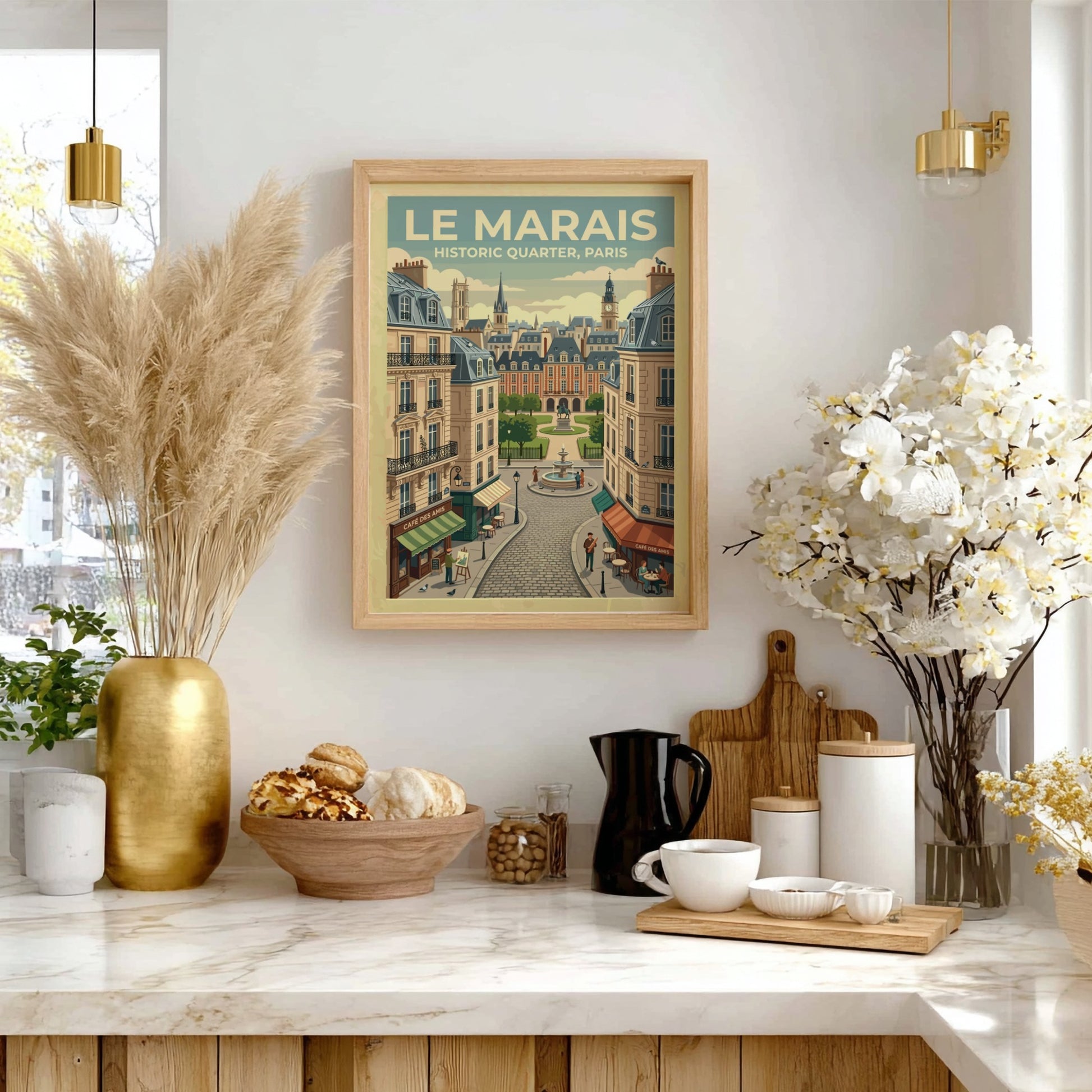 Le Marais travel poster featuring vintage Paris architecture and warm colors