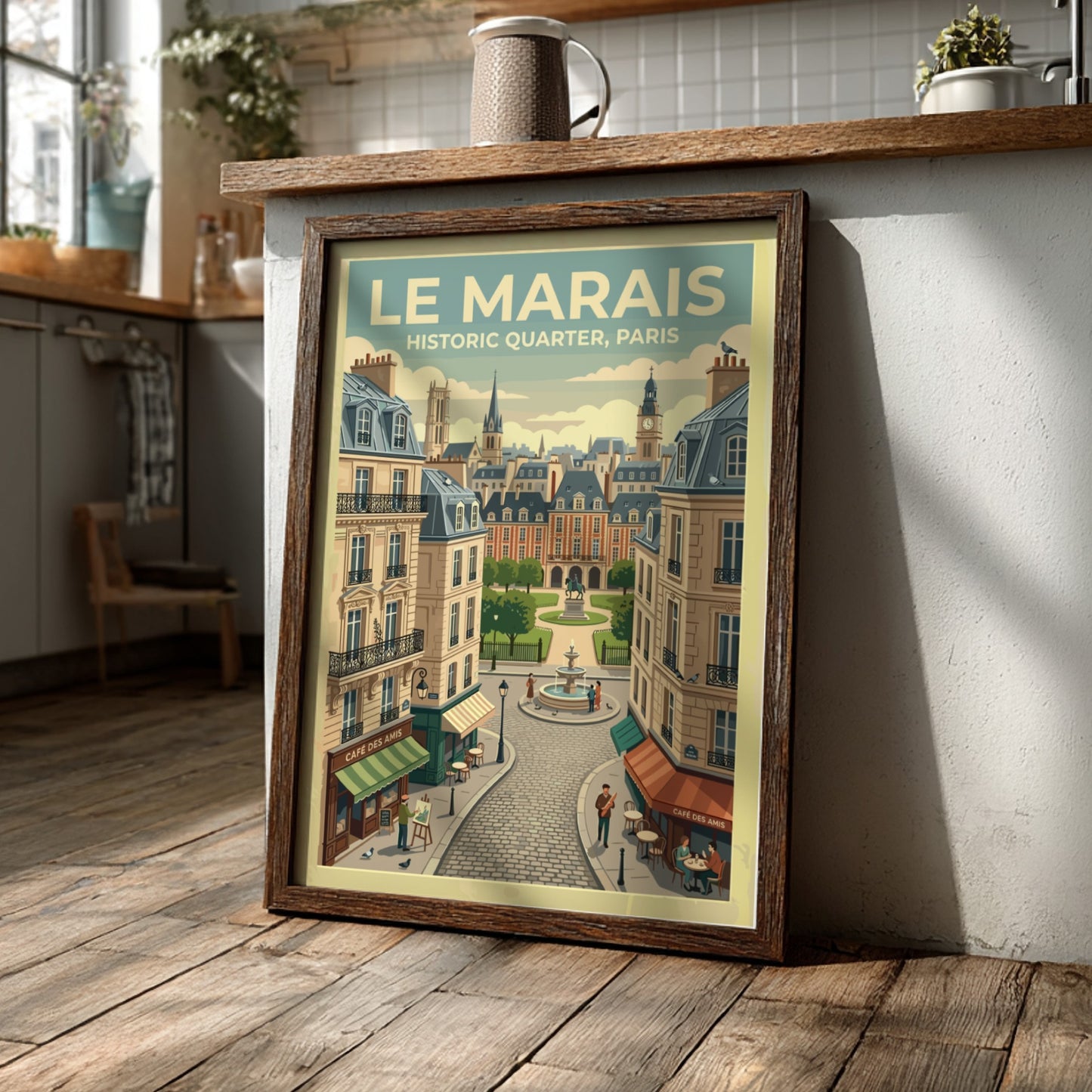 Le Marais travel poster featuring vintage Paris architecture and warm colors