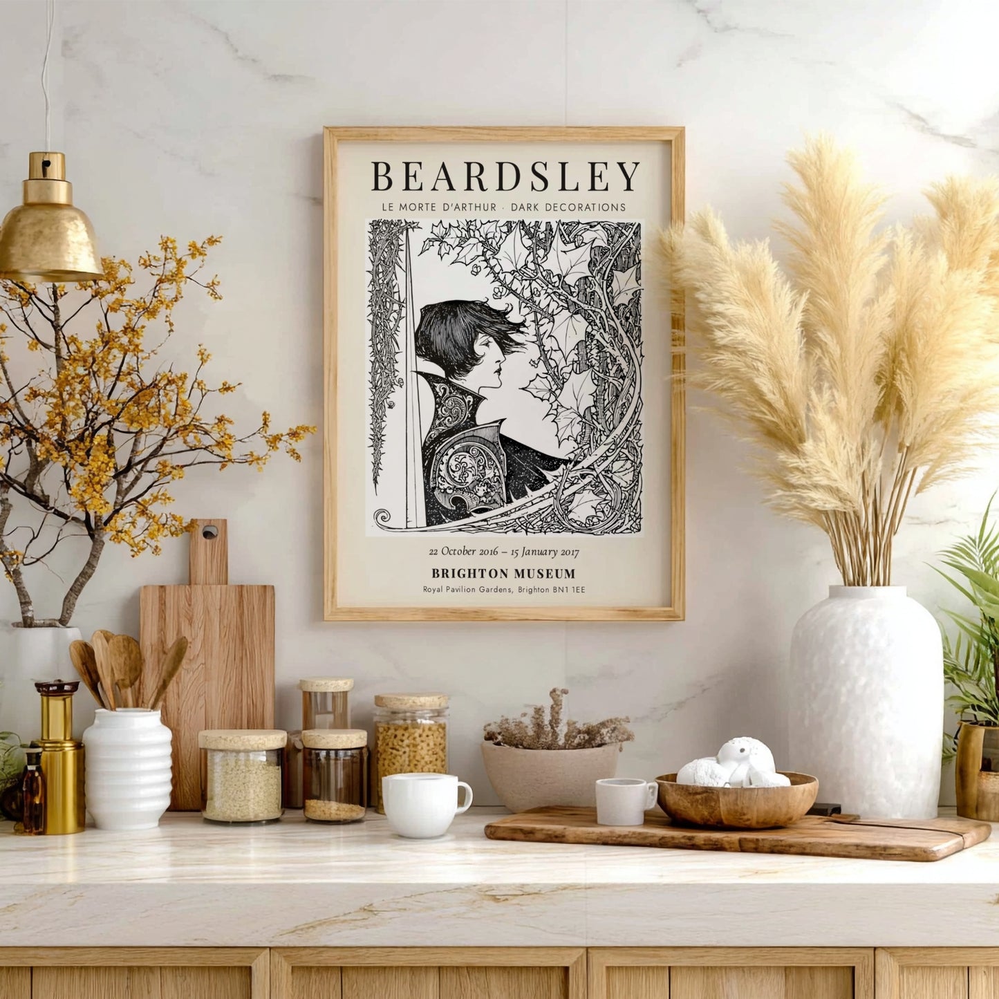 Aubrey Beardsley poster featuring Le Morte d'Arthur with intricate black and white design elements