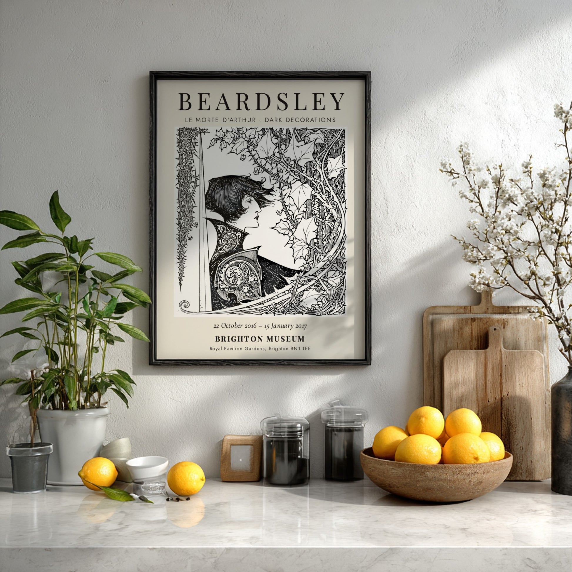 Aubrey Beardsley poster featuring Le Morte d'Arthur with intricate black and white design elements