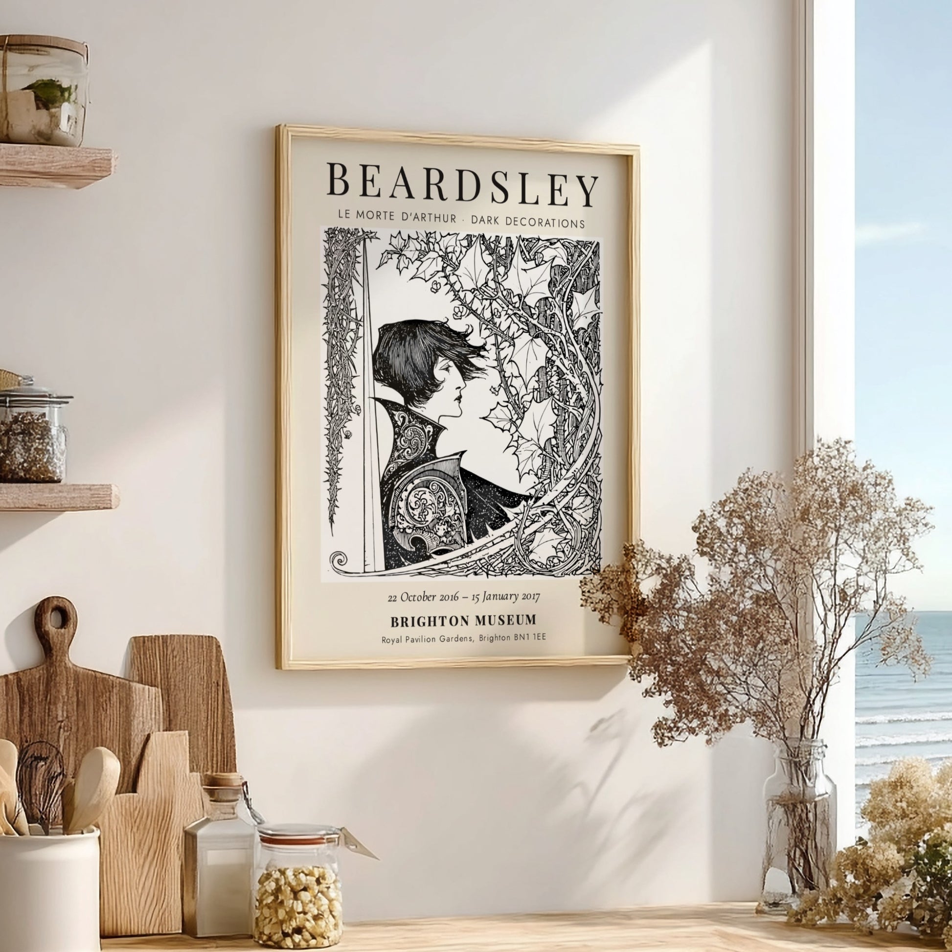 Aubrey Beardsley poster featuring Le Morte d'Arthur with intricate black and white design elements