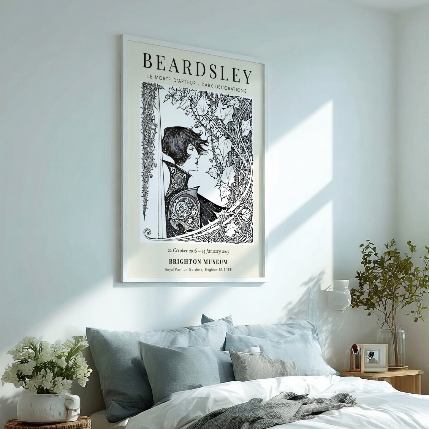 Aubrey Beardsley poster featuring Le Morte d'Arthur with intricate black and white design elements