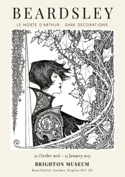 Aubrey Beardsley poster featuring Le Morte d'Arthur with intricate black and white design elements