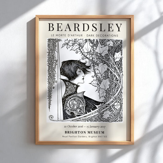 Aubrey Beardsley poster featuring Le Morte d'Arthur with intricate black and white design elements
