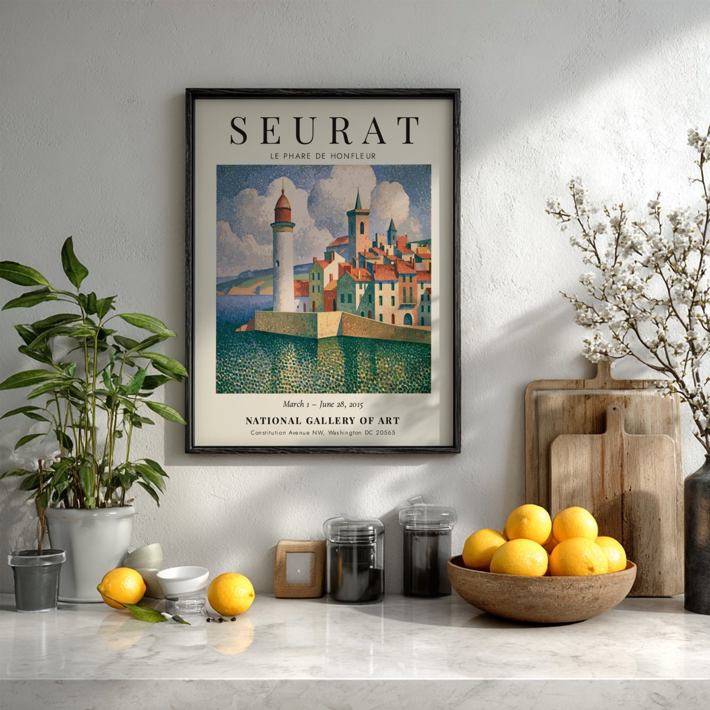 Seurat exhibition poster featuring Le Phare de Honfleur with vibrant coastal colors and a serene lighthouse