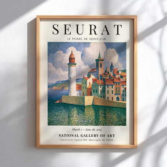 Seurat exhibition poster featuring Le Phare de Honfleur with vibrant coastal colors and a serene lighthouse