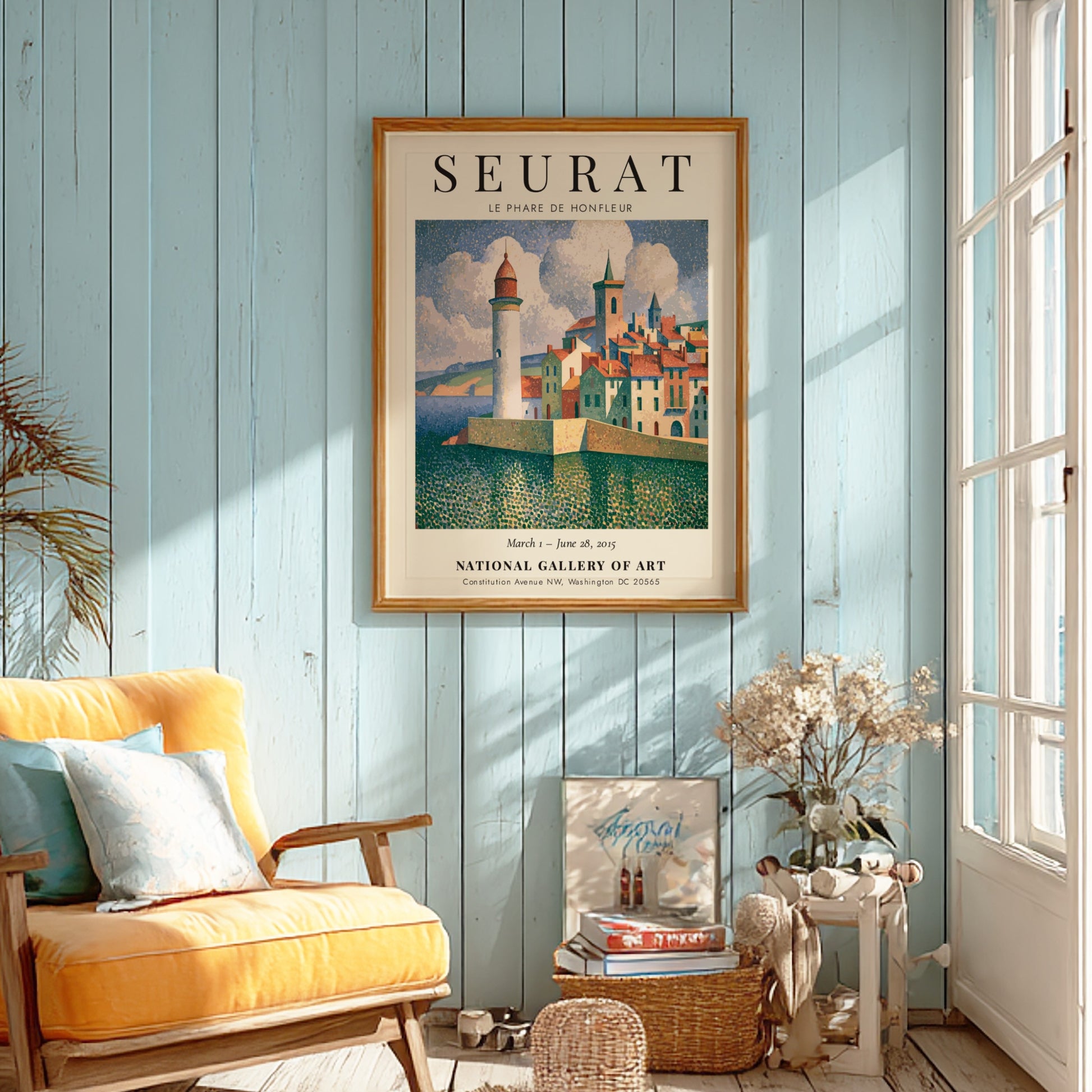 Seurat exhibition poster featuring Le Phare de Honfleur with vibrant coastal colors and a serene lighthouse