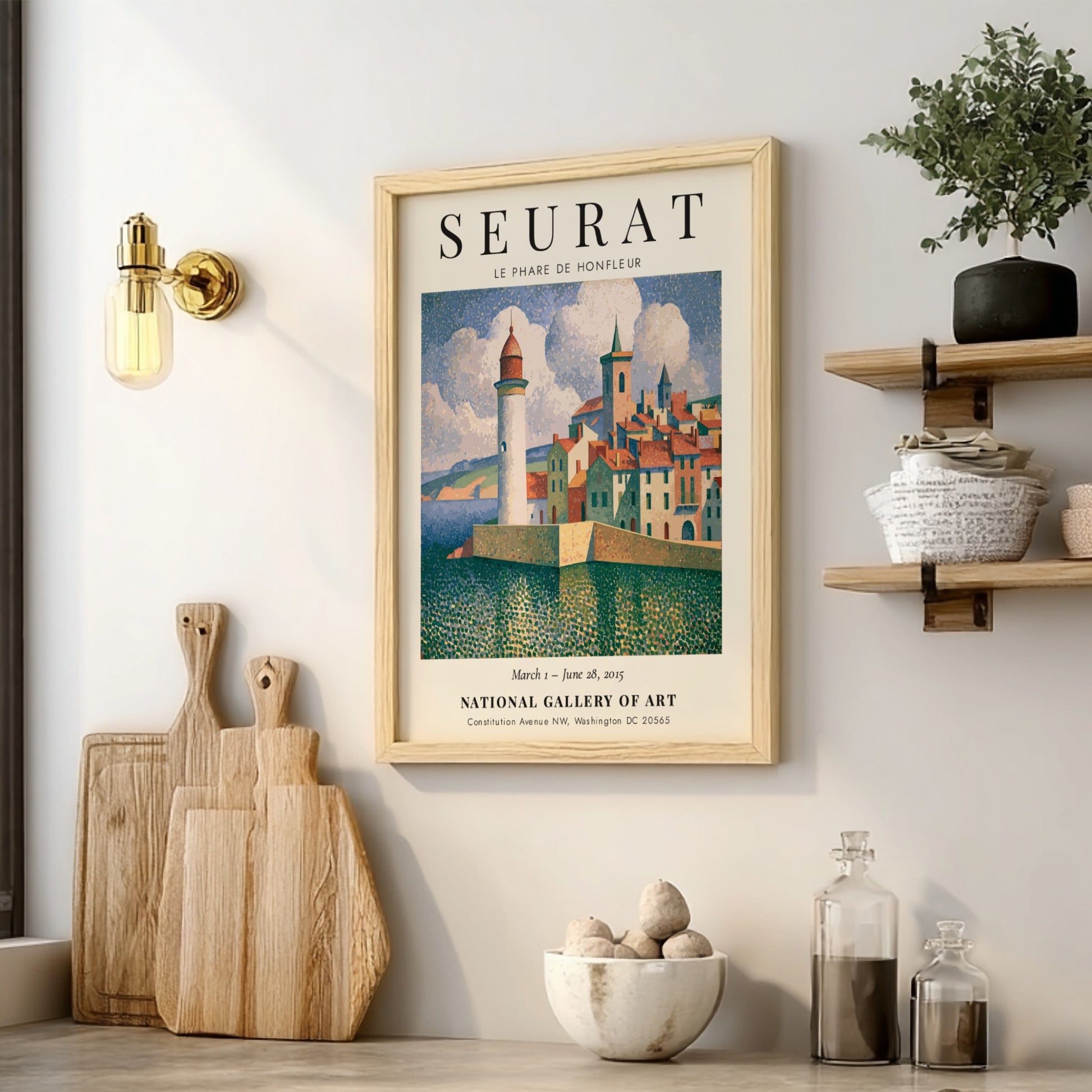 Seurat exhibition poster featuring Le Phare de Honfleur with vibrant coastal colors and a serene lighthouse