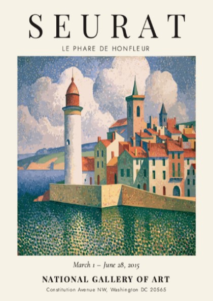 Seurat exhibition poster featuring Le Phare de Honfleur with vibrant coastal colors and a serene lighthouse