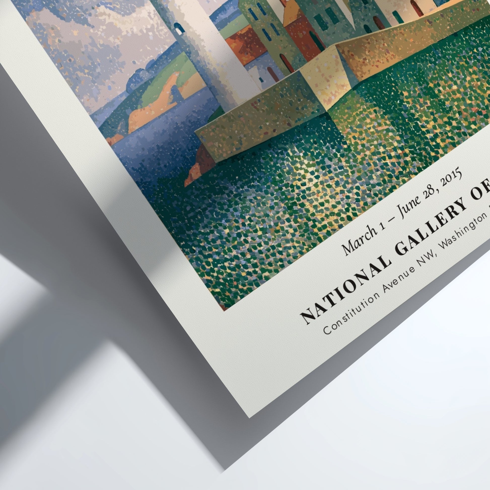Seurat exhibition poster featuring Le Phare de Honfleur with vibrant coastal colors and a serene lighthouse