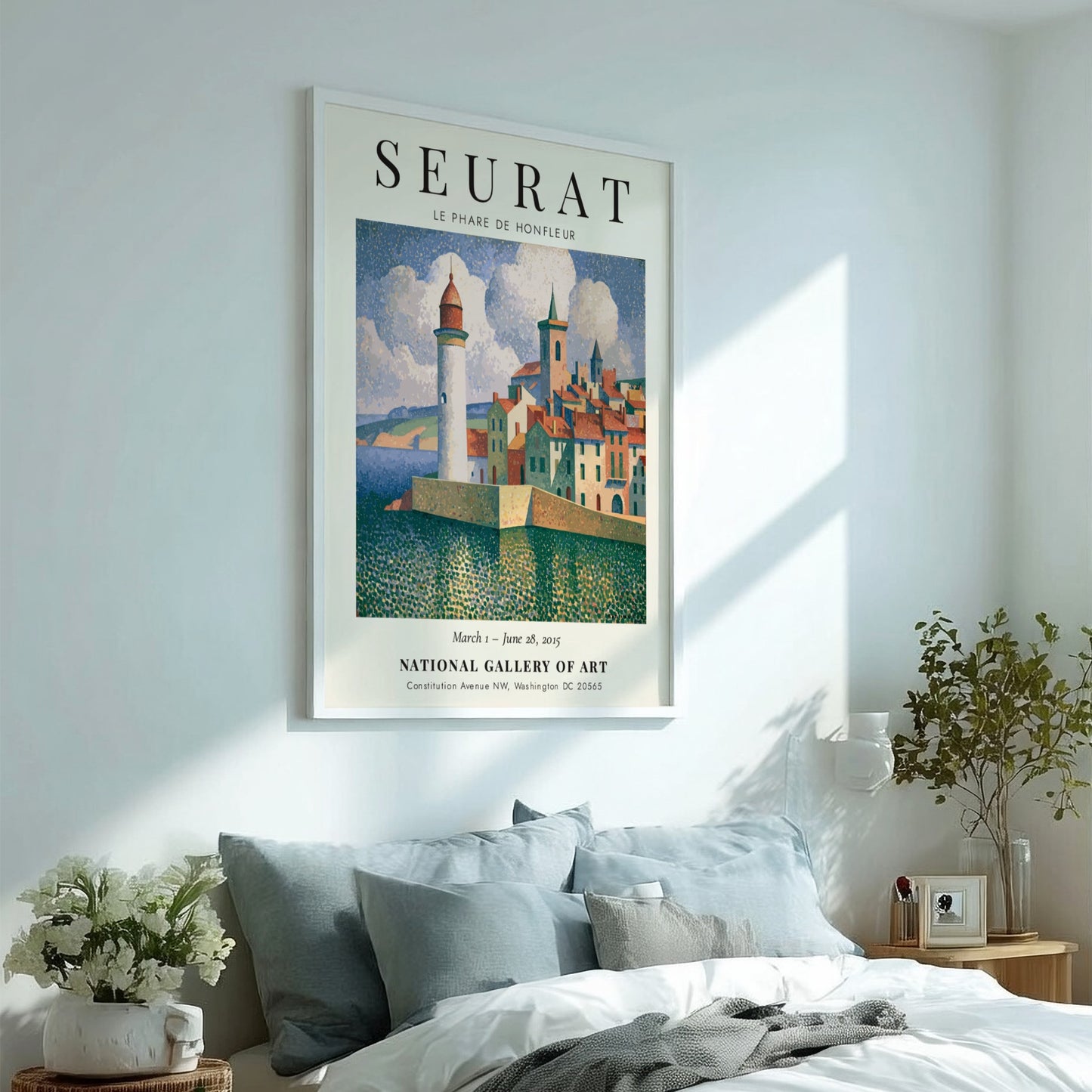 Seurat exhibition poster featuring Le Phare de Honfleur with vibrant coastal colors and a serene lighthouse