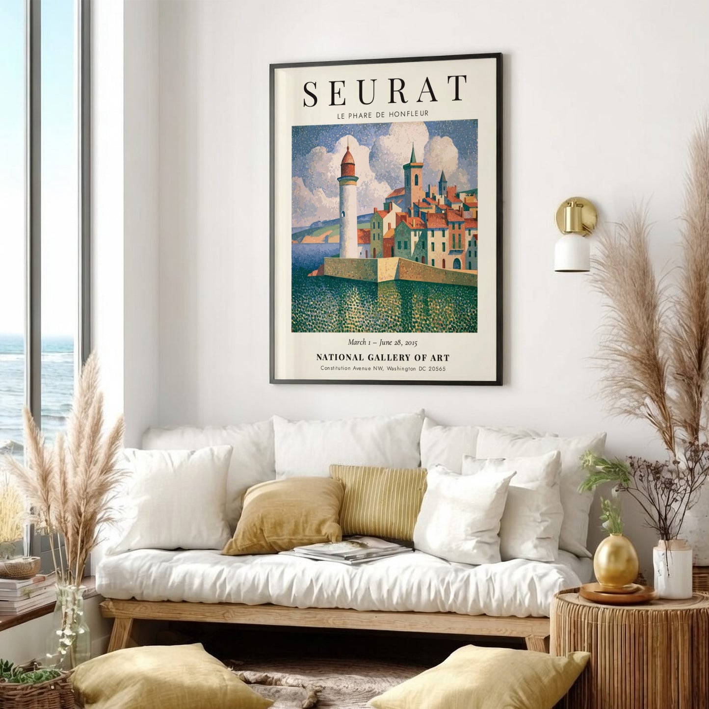 Seurat exhibition poster featuring Le Phare de Honfleur with vibrant coastal colors and a serene lighthouse