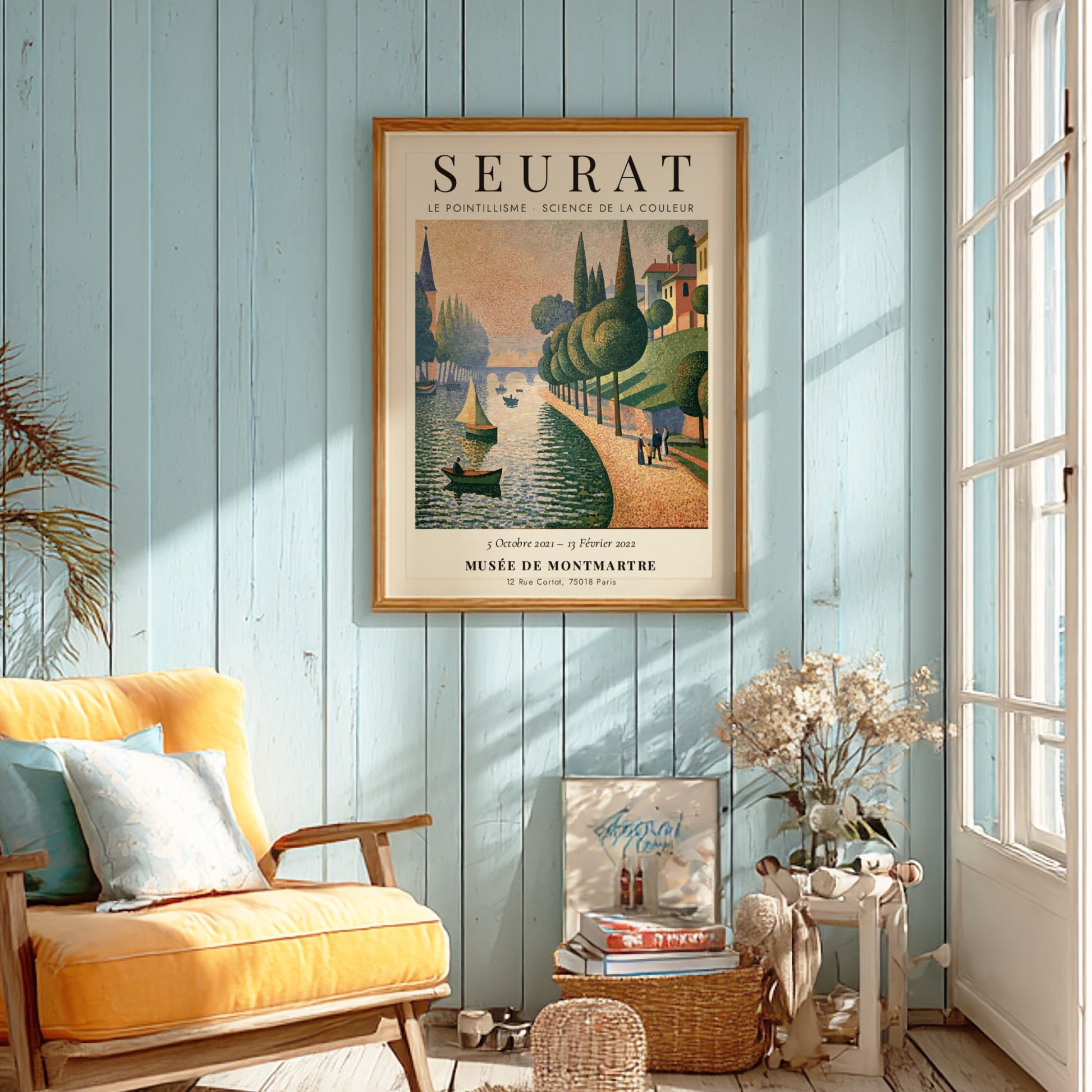 Seurat exhibition poster featuring vibrant pointillism style with riverside scene in soft colors