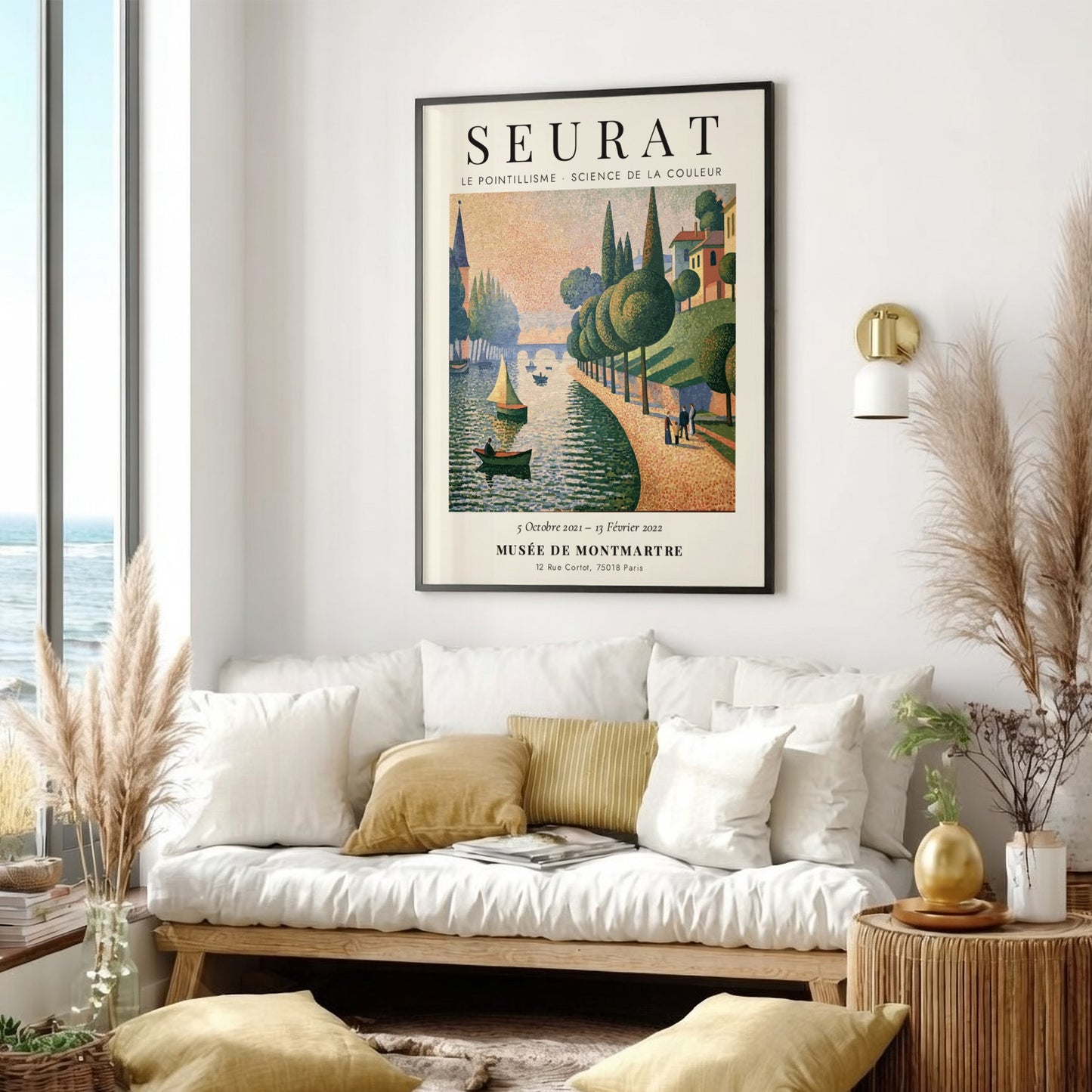 Seurat exhibition poster featuring vibrant pointillism style with riverside scene in soft colors