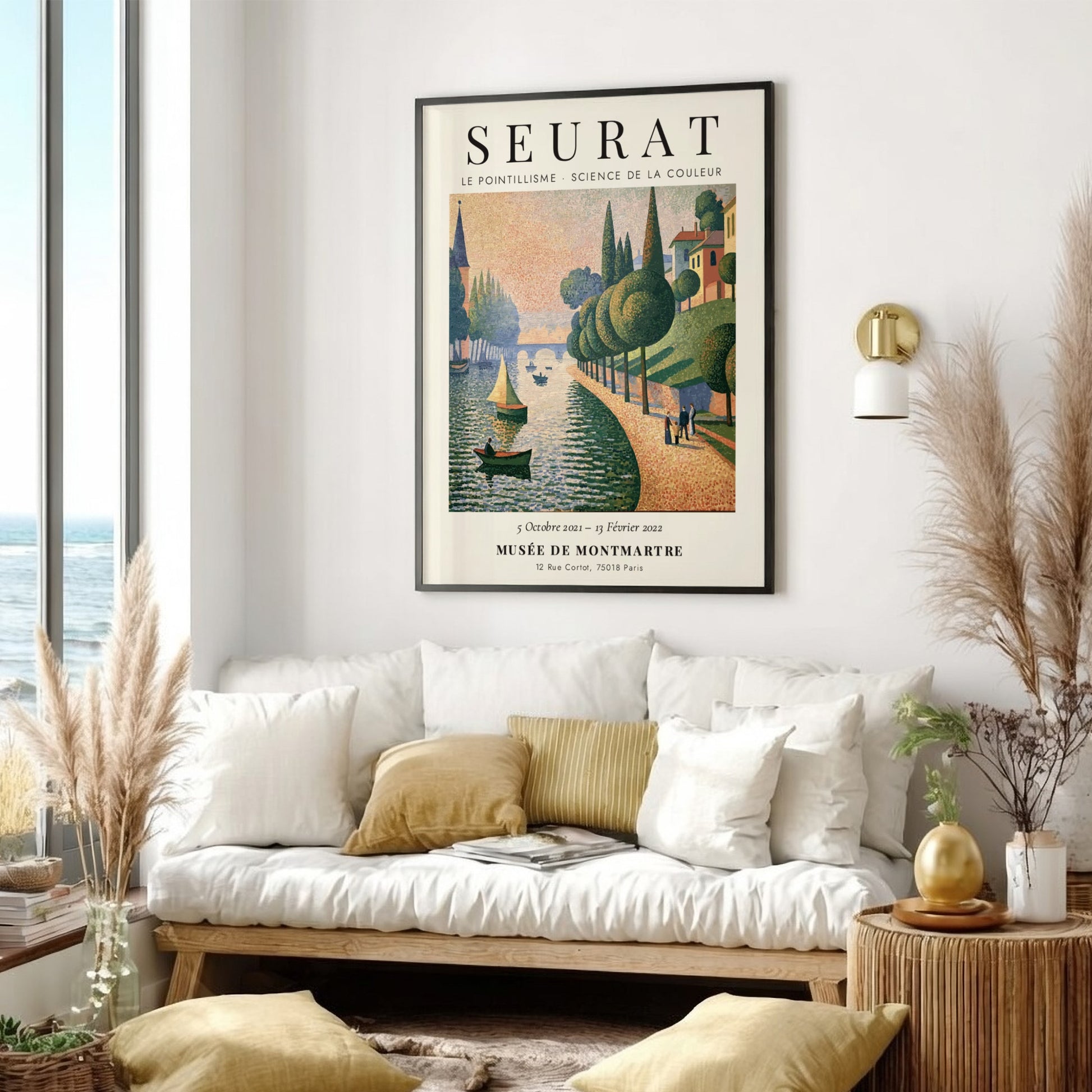 Seurat exhibition poster featuring vibrant pointillism style with riverside scene in soft colors