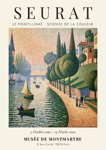 Seurat exhibition poster featuring vibrant pointillism style with riverside scene in soft colors