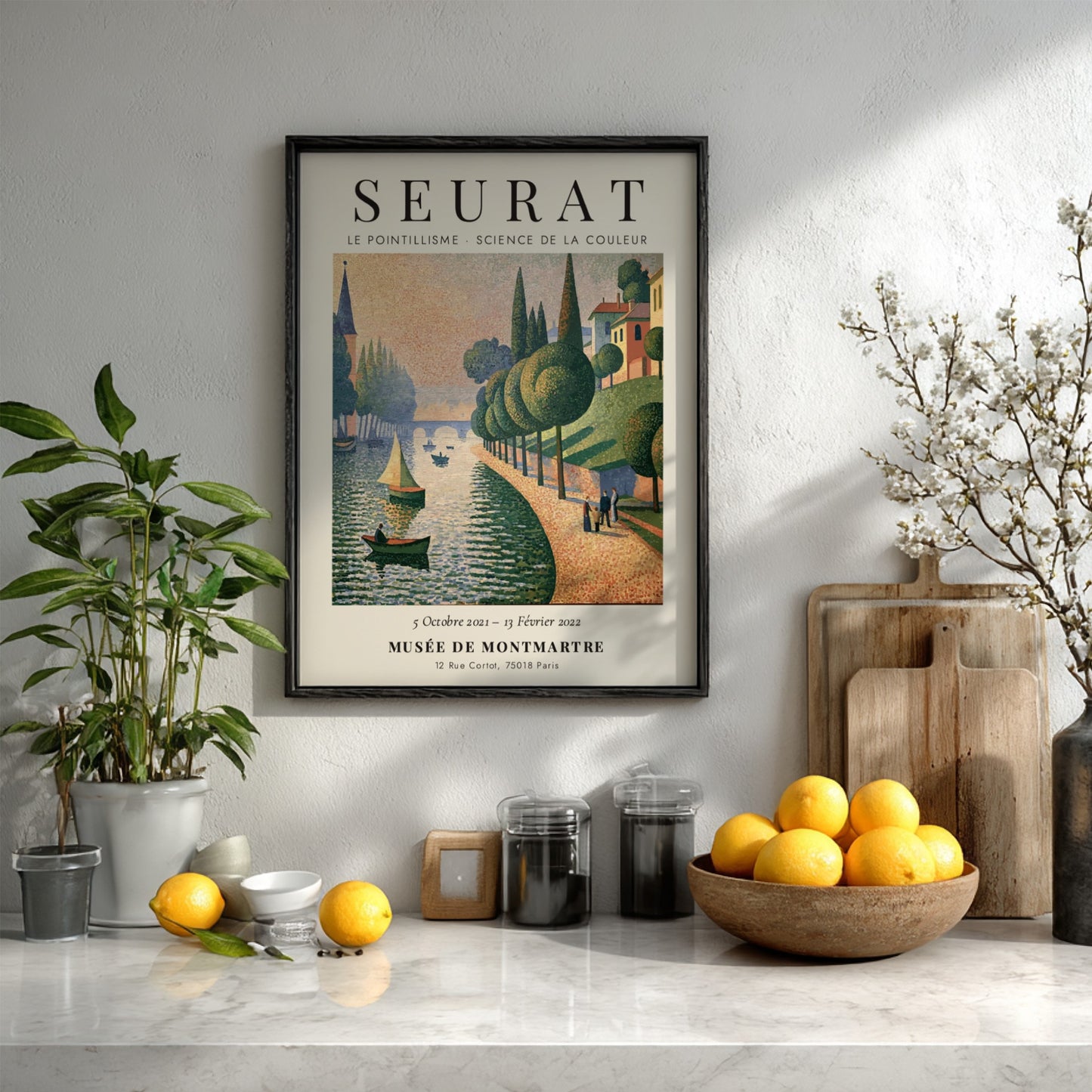 Seurat exhibition poster featuring vibrant pointillism style with riverside scene in soft colors