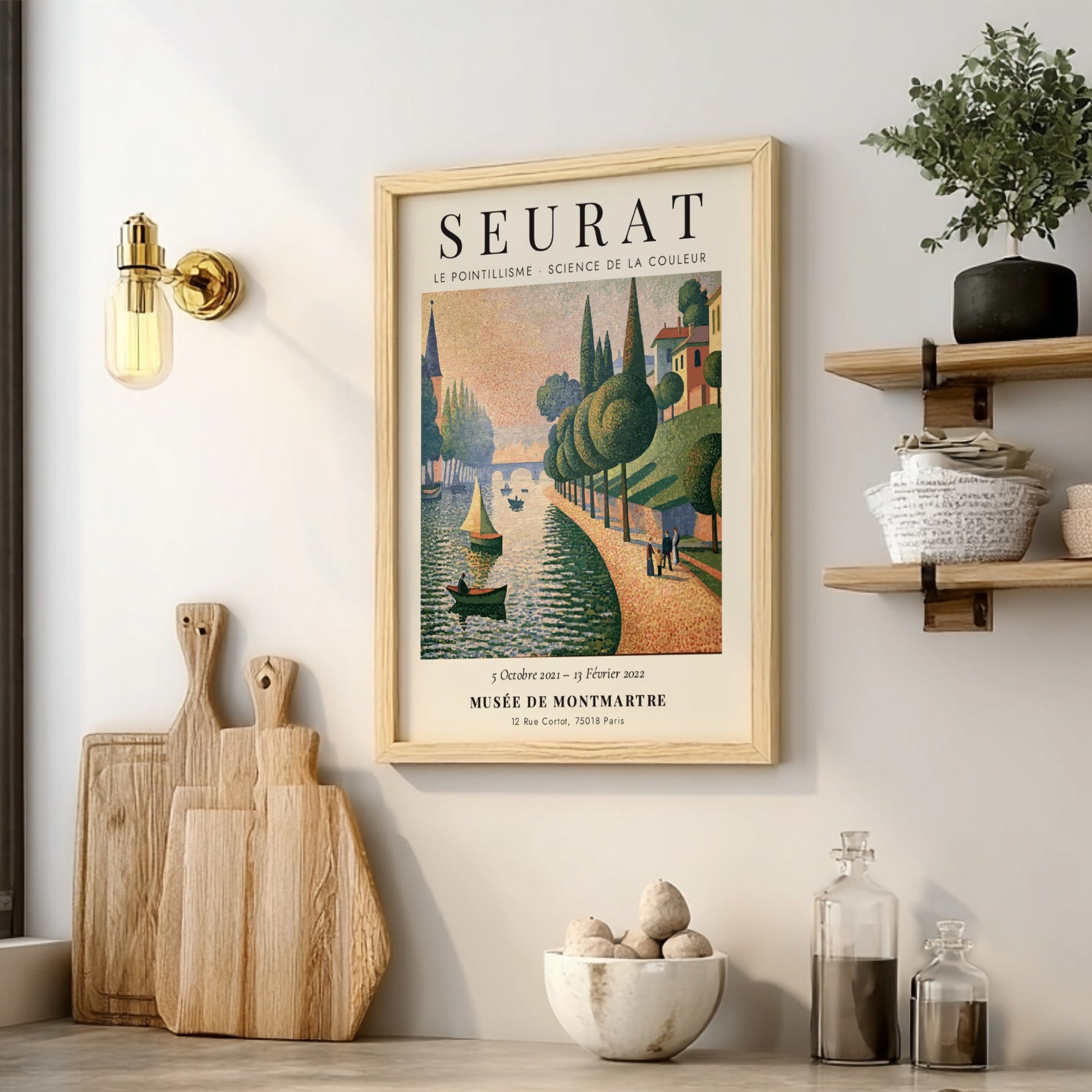Seurat exhibition poster featuring vibrant pointillism style with riverside scene in soft colors