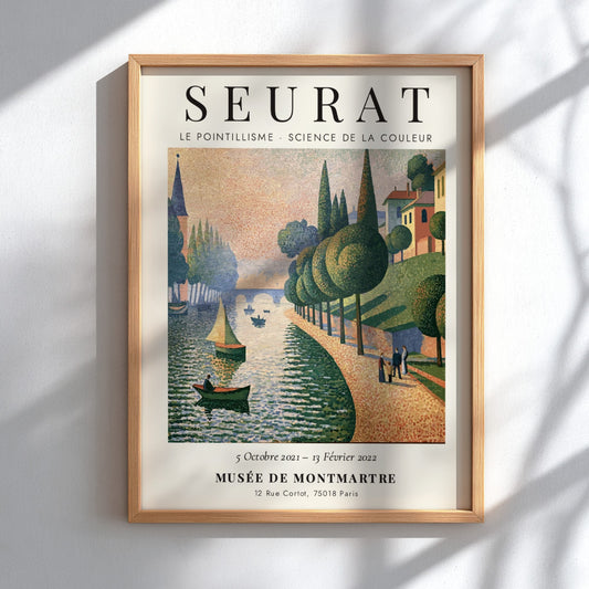 Seurat exhibition poster featuring vibrant pointillism style with riverside scene in soft colors