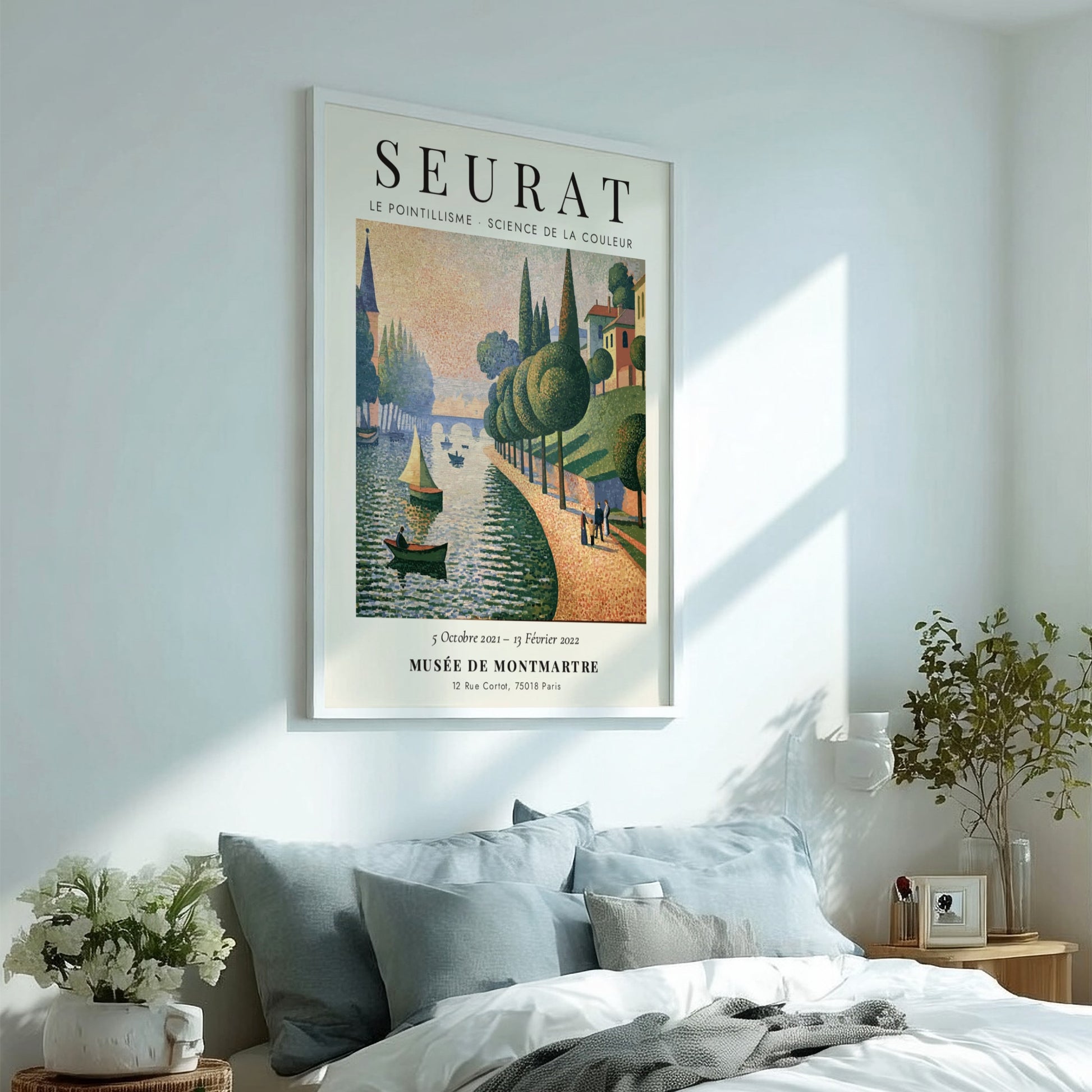 Seurat exhibition poster featuring vibrant pointillism style with riverside scene in soft colors