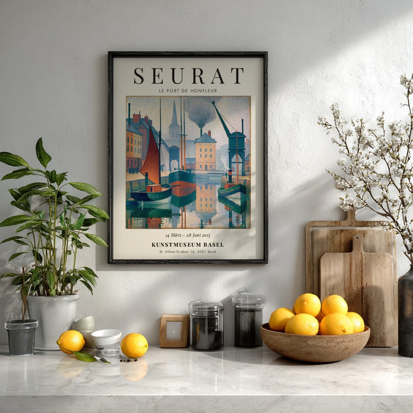 Seurat exhibition poster featuring Le Port de Honfleur with boats and buildings in soft colors