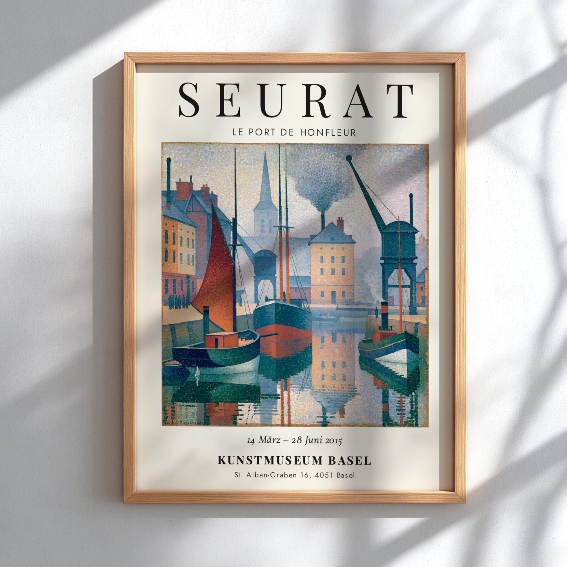 Seurat exhibition poster featuring Le Port de Honfleur with boats and buildings in soft colors