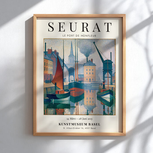 Seurat exhibition poster featuring Le Port de Honfleur with boats and buildings in soft colors