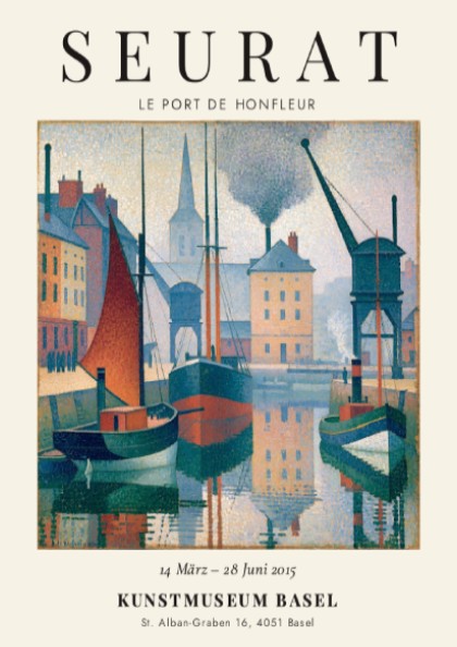 Seurat exhibition poster featuring Le Port de Honfleur with boats and buildings in soft colors