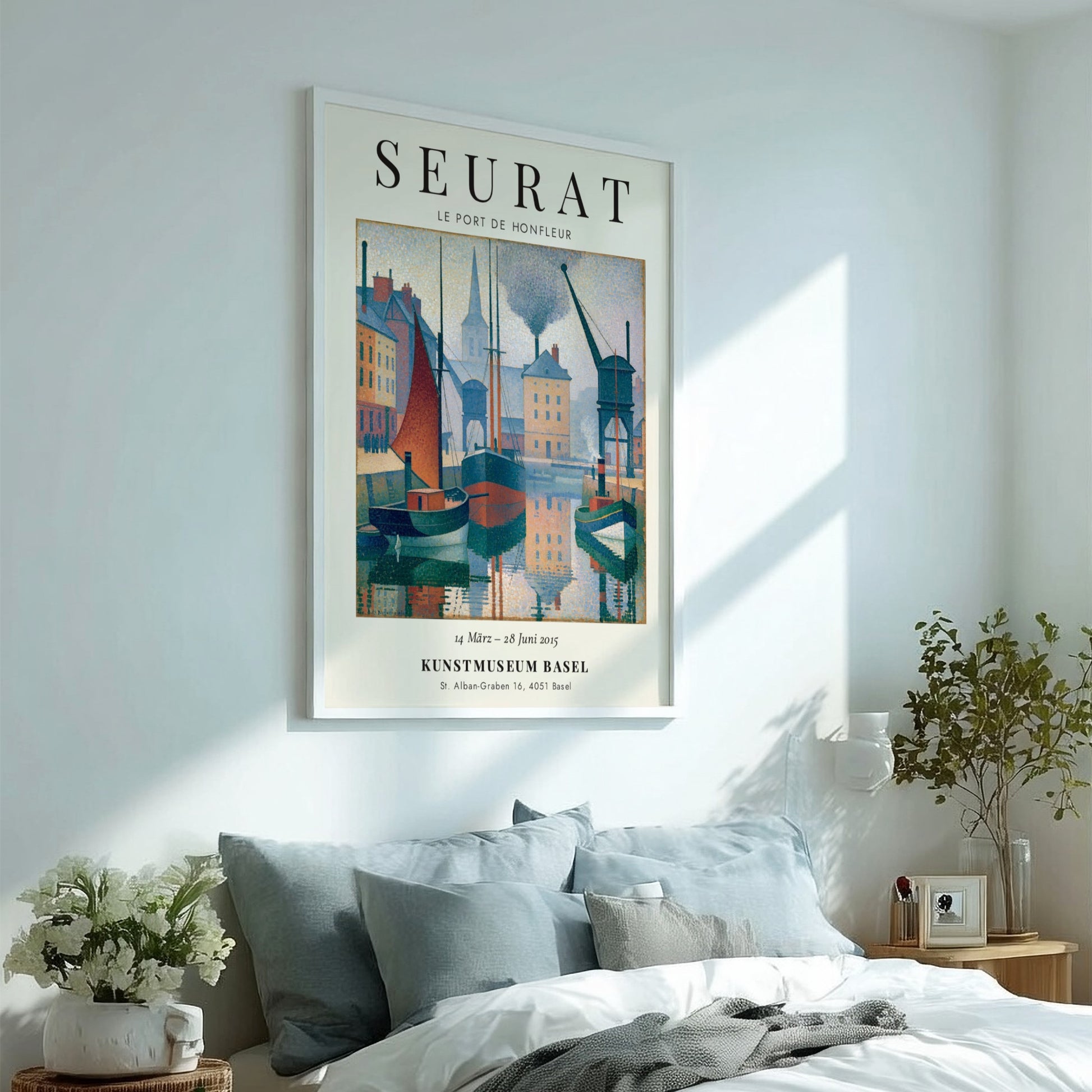 Seurat exhibition poster featuring Le Port de Honfleur with boats and buildings in soft colors