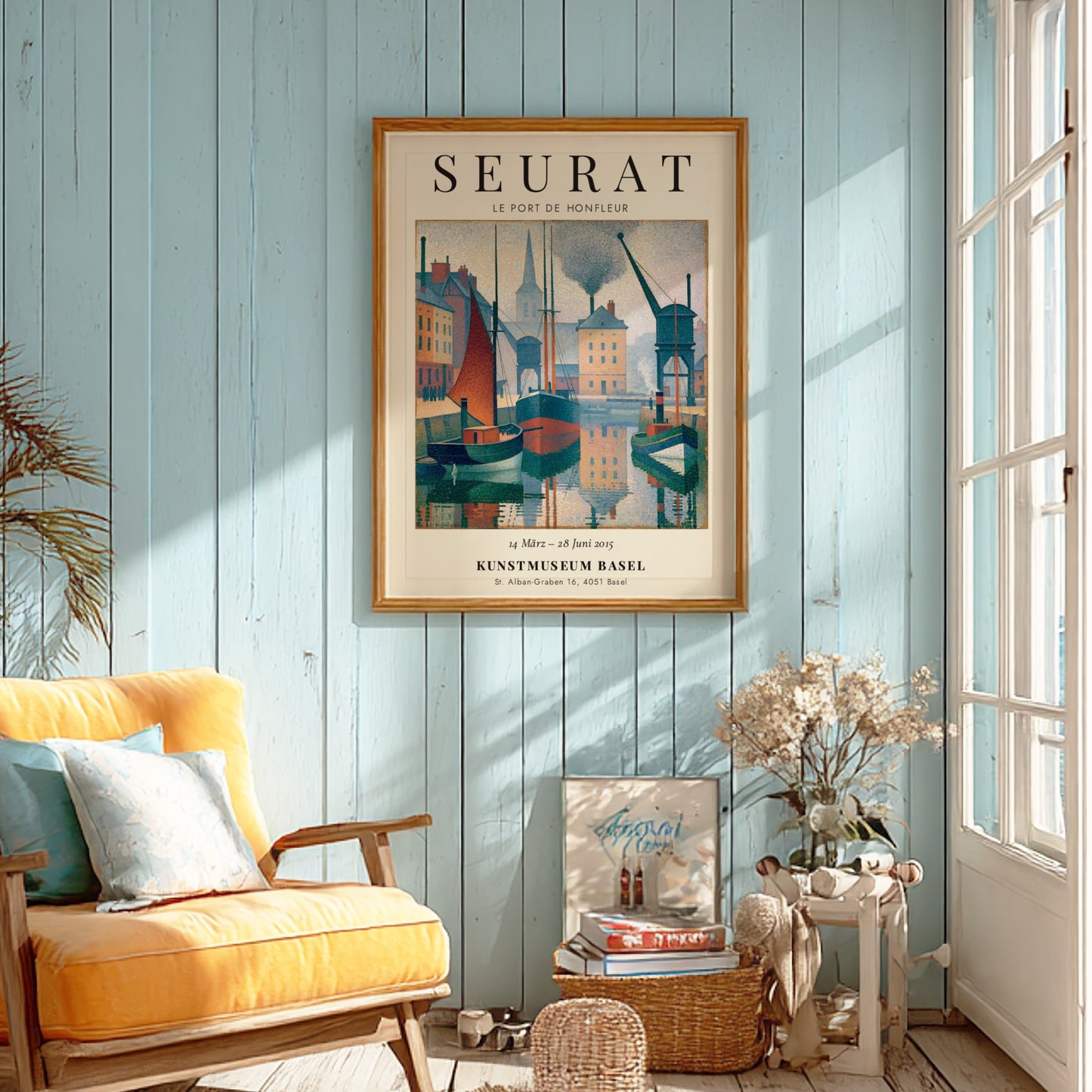 Seurat exhibition poster featuring Le Port de Honfleur with boats and buildings in soft colors